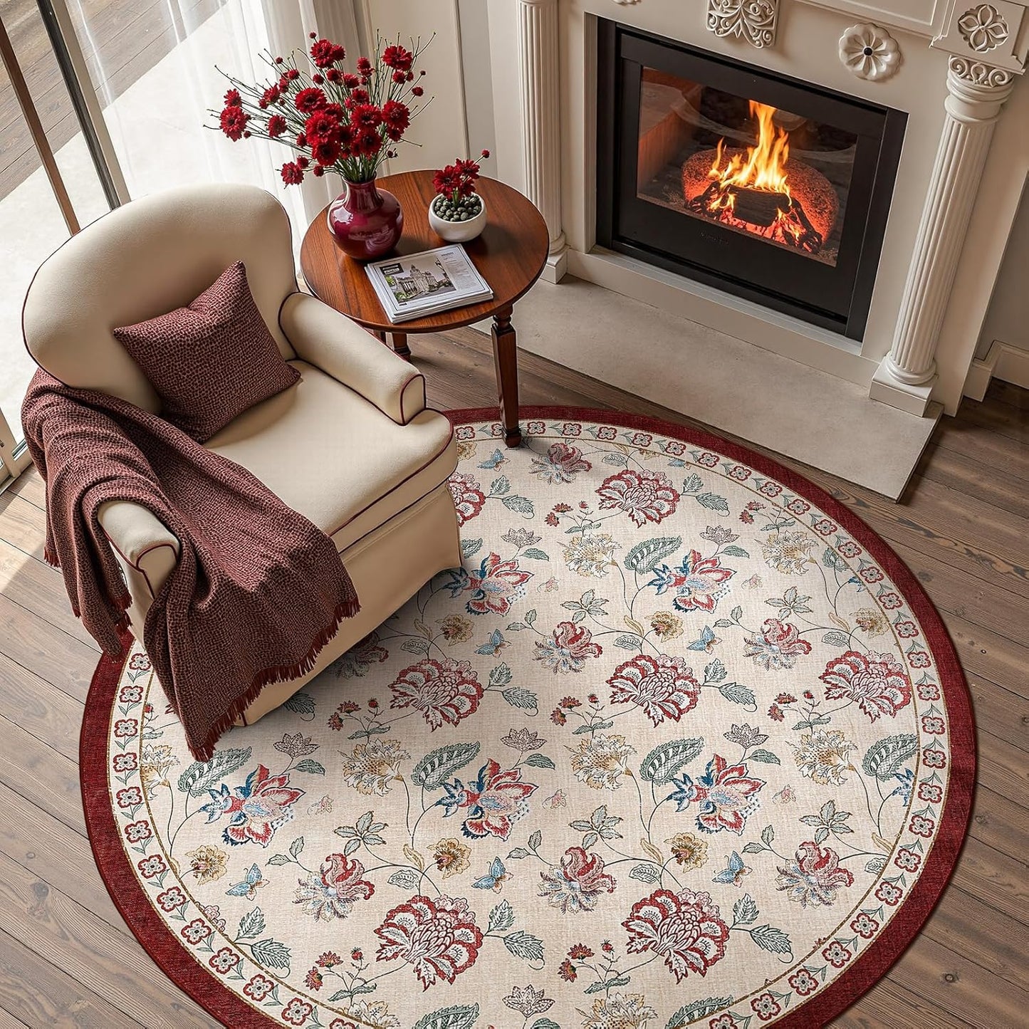 jinchan 5ft Floral Round Rug for Entryway Washable Kitchen Rug Vintage Romance Design Non Slip Indoor Doormat Lightweight Low-Profile Throw Carpet for Living Room Dining Room Bedroom, Red/Beige
