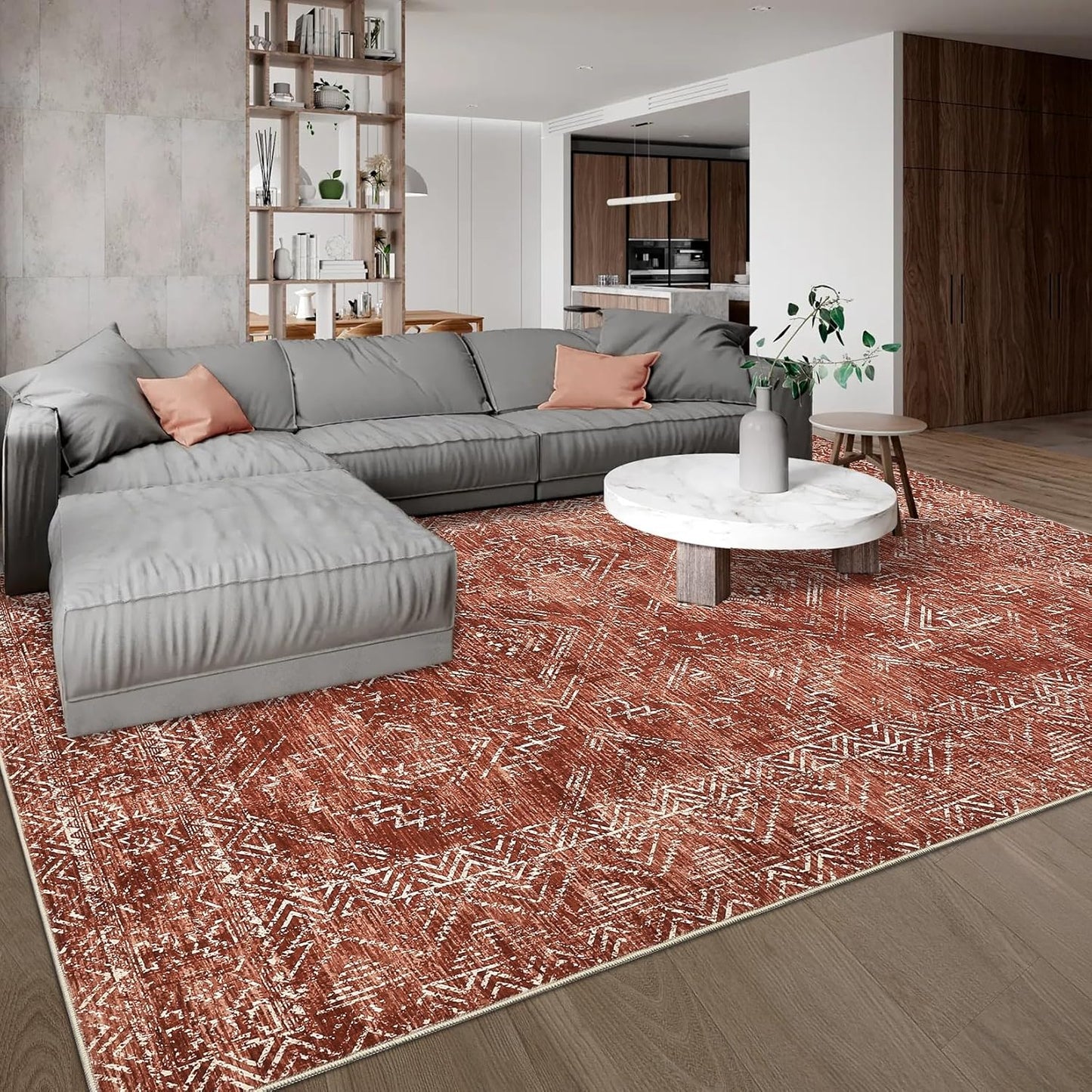 COZYLOOM 4x6 Area Rug Modern Indoor Area Rug Machine-Washable for Living Room or Bedroom Softness Foldable Carpet for Easy Storage Abstract Geometric Design Non Slip Stain Resistant Carpet, Brick Red