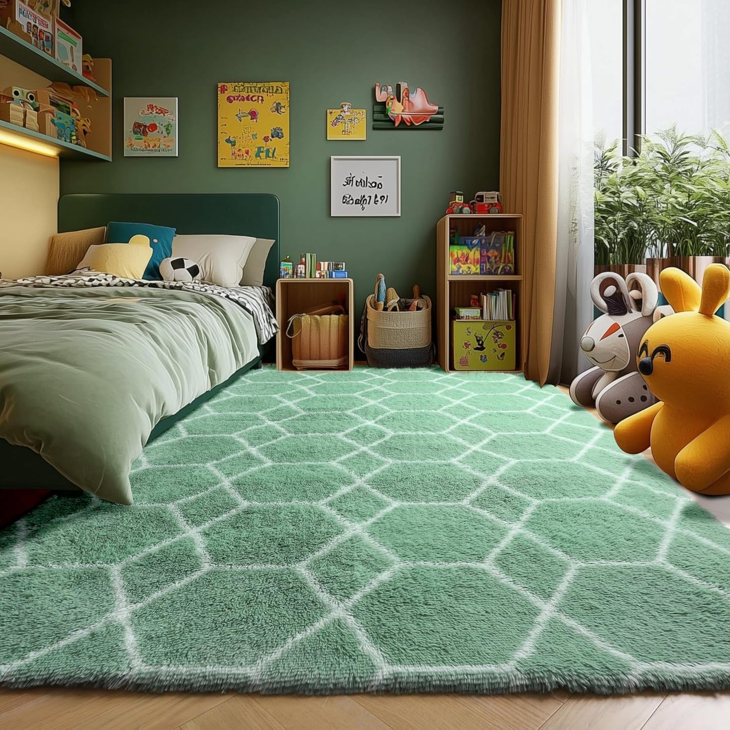 ONASAR Rugs for Living Room Bedroom, 5x8 Washable Fluffy Sage Green and White Area Rug, Geometric Boho Soft Plush Shaggy Floor Carpets for Nursery Kids Girls Boys Teen Dorm Home Decor Aesthetic