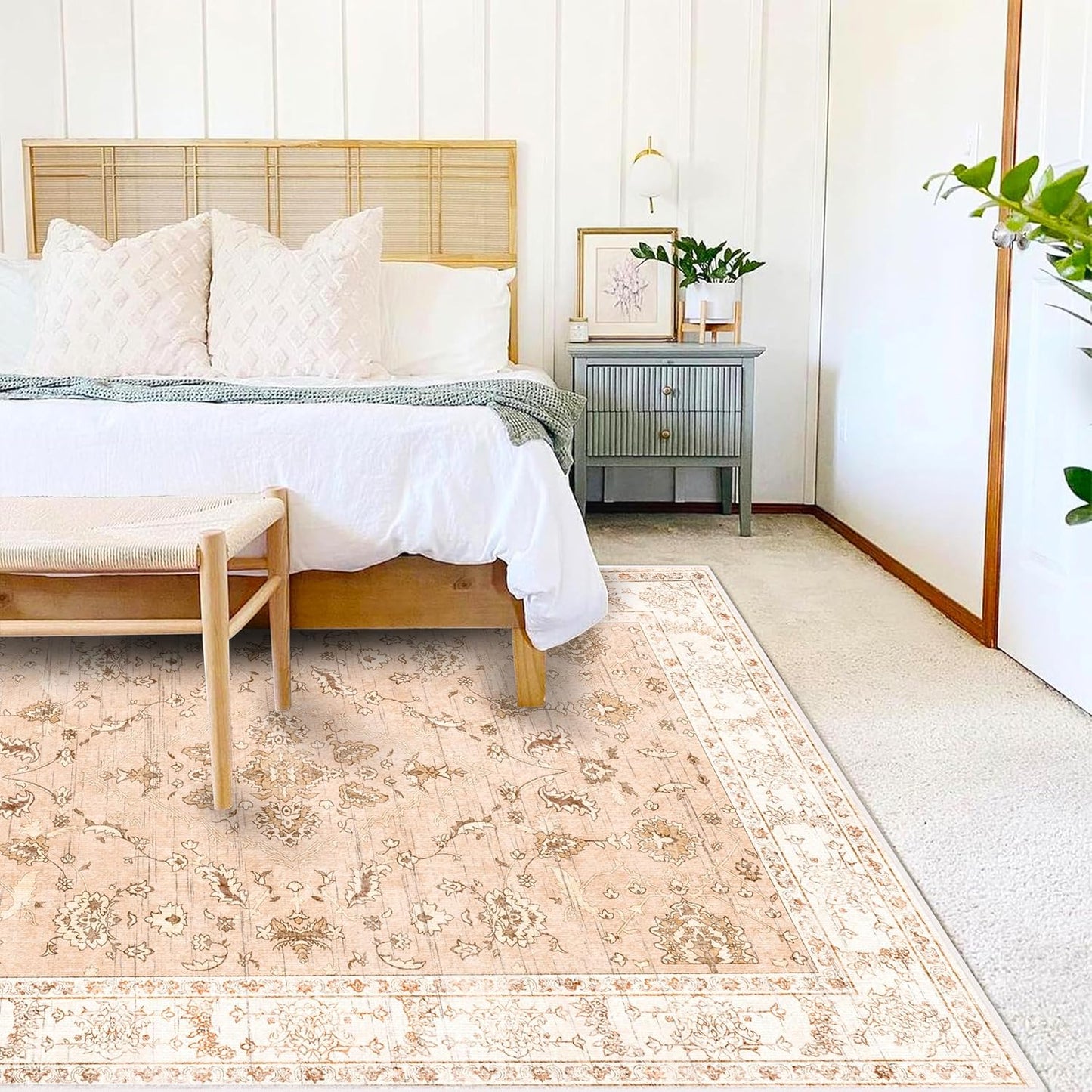 Area Rug 10x14 Washable Tangerine Vintage Traditional Mat Distressed Indoor Foldable Thin Retro Accent Floral Non Slip Carpet for Living Room Dining Room Office