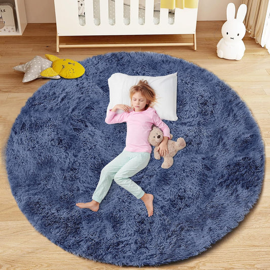 4FT Round Rug for Bedroom: Fluffy Shag Soft Washable Rugs Circle Small Fuzzy Plush Indoor Carpet for Living Room Nursery Playroom Dorm Kids Girls Boys Room (Navy Blue, 4'x4')