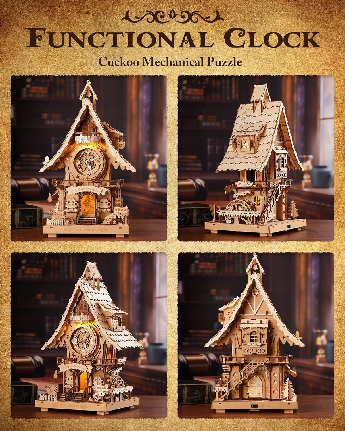 ROKR 3D Wooden Puzzles for Adults,Wooden Cuckoo Clock Model kit,435 Piece 3D Puzzles,Ideal Gift for Adults and Teens