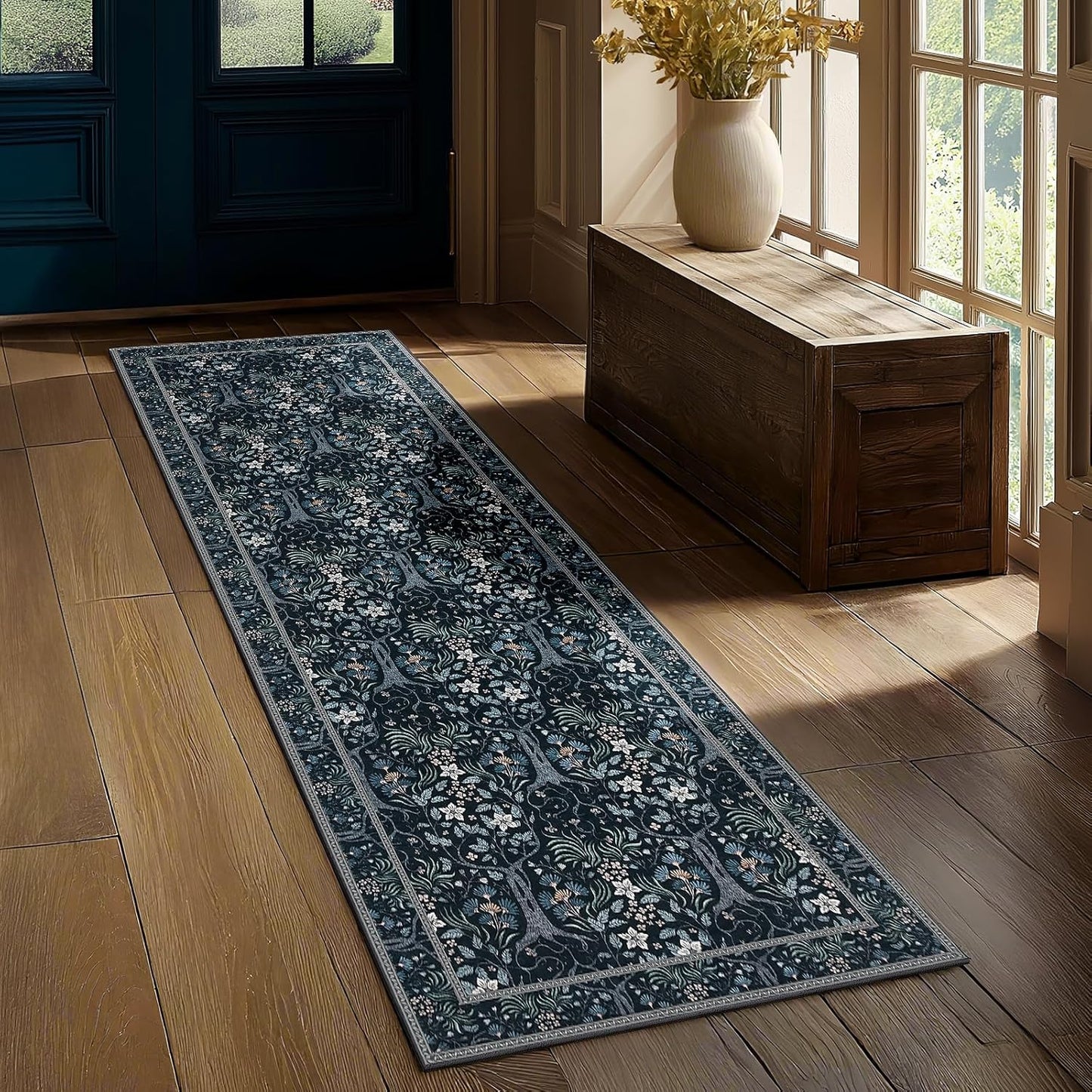 Joydeco Floral Washable Runner Rug for Kitchen, Forest Hallway Rug Runner 2x6 Non Slip, Boho Botanical Ultra-Thin Soft Indoor Floor Throw Carpet for Bathroom Entryway Foyer, Blue-Black