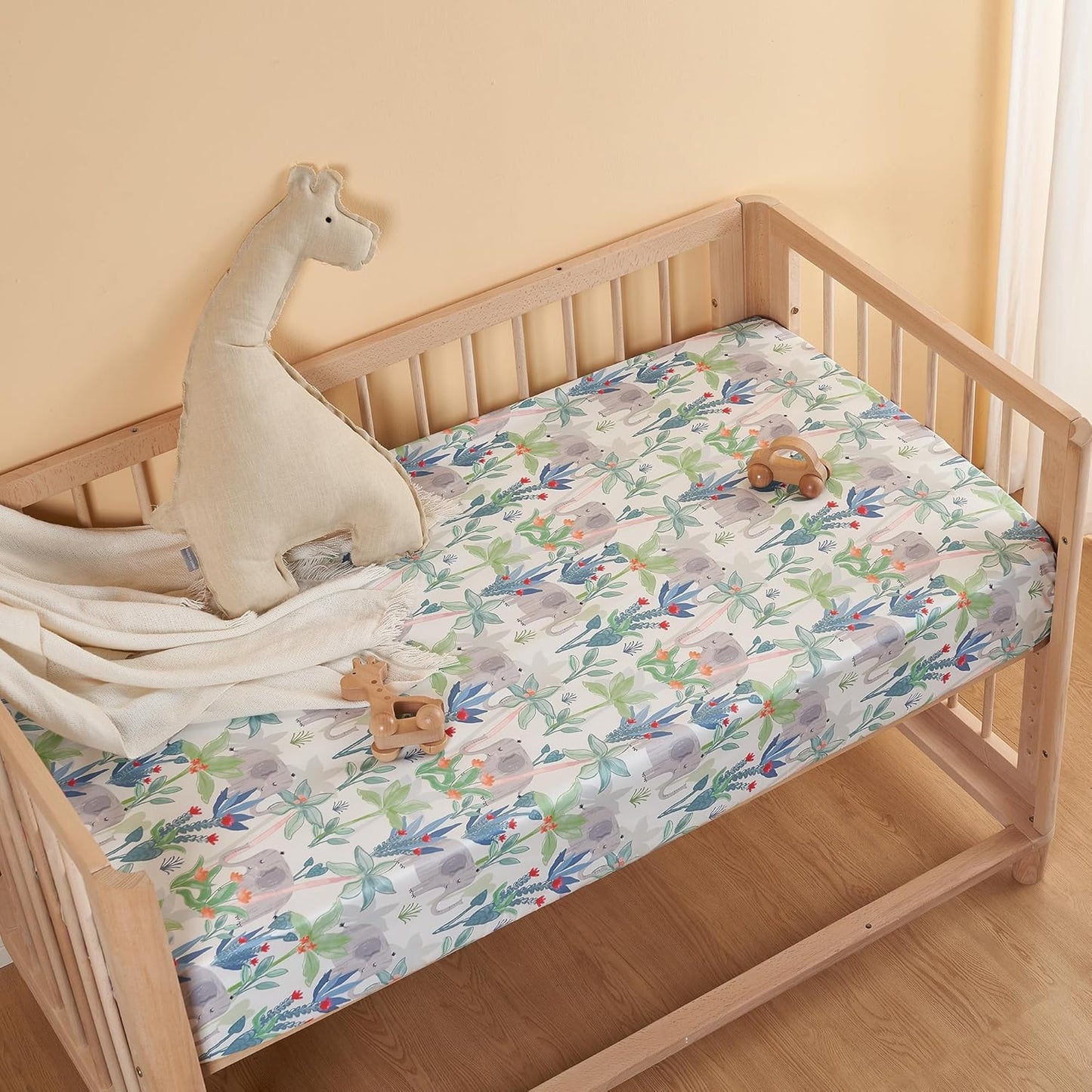 TILLYOU Baby Crib Sheets for Boys Girls, Super Soft Toddler Bed Sheets, 2 Pack Sheets for Standard Crib Mattress 28x52in, Rainforest Elephant