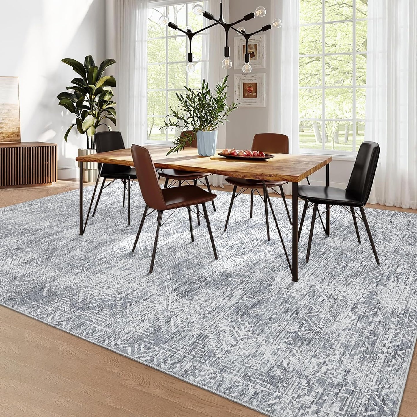 COZYLOOM Area Rug 4x6 Modern Washable Distressed Accent Carpet with Non-Slip Backing, Ultra-Soft Contemporary Geometric Floor Mat for Living Room, Kitchen, Bedroom, Grey