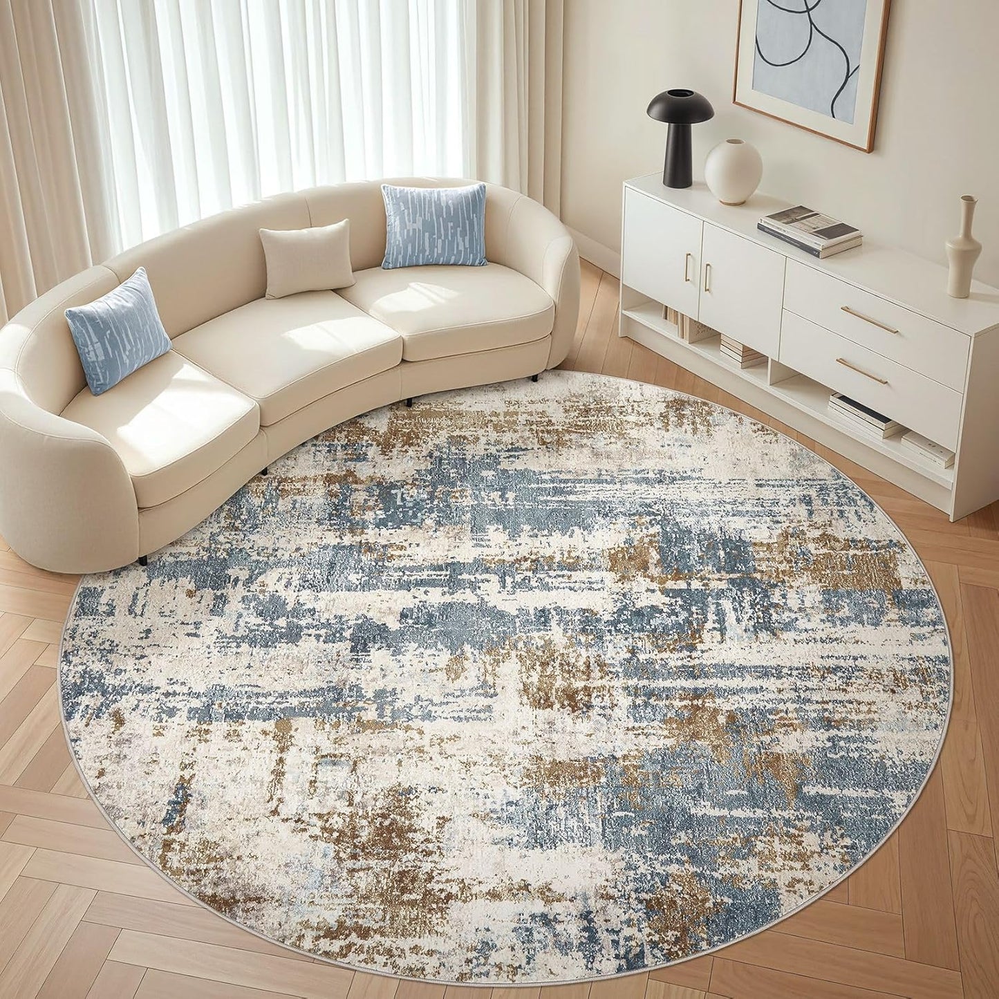 Round Rug Living Room Rugs: 10Ft Washable Circle Large Abstract Modern Soft Stain Resistant Non Slip Indoor Floor Carpet for Bedroom Nursery Office Dining Room Dorm Home House Decor- Tan Blue