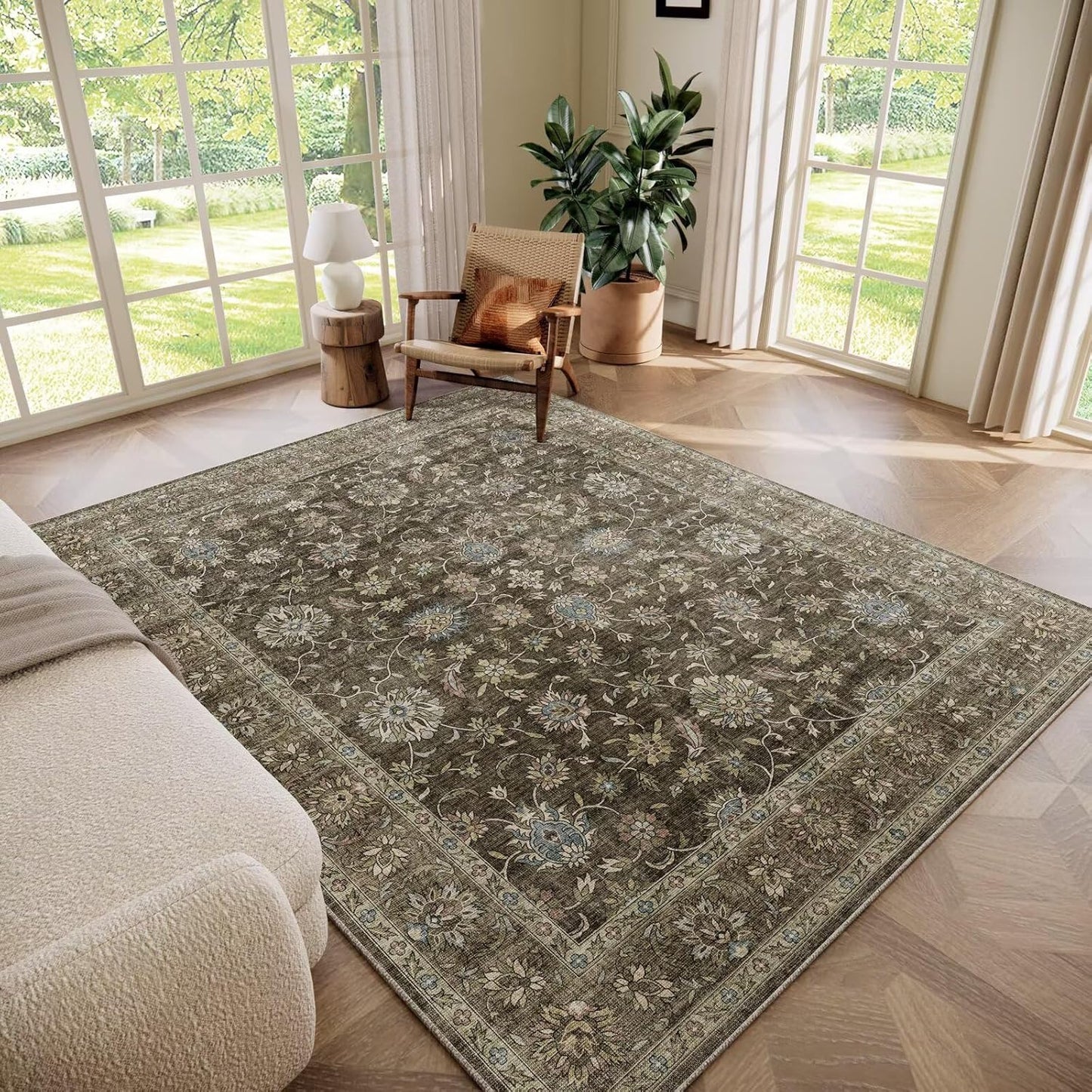 Washable 5x7 Area Rugs for Living Room, Boho Non-Slip Silicone Backing Rugs for Bedroom Dining Room Nursery Office, 0.3" Neutral Oriental Throw Carpet with 0.16" Cushioning Pad, Flaxen/Multi