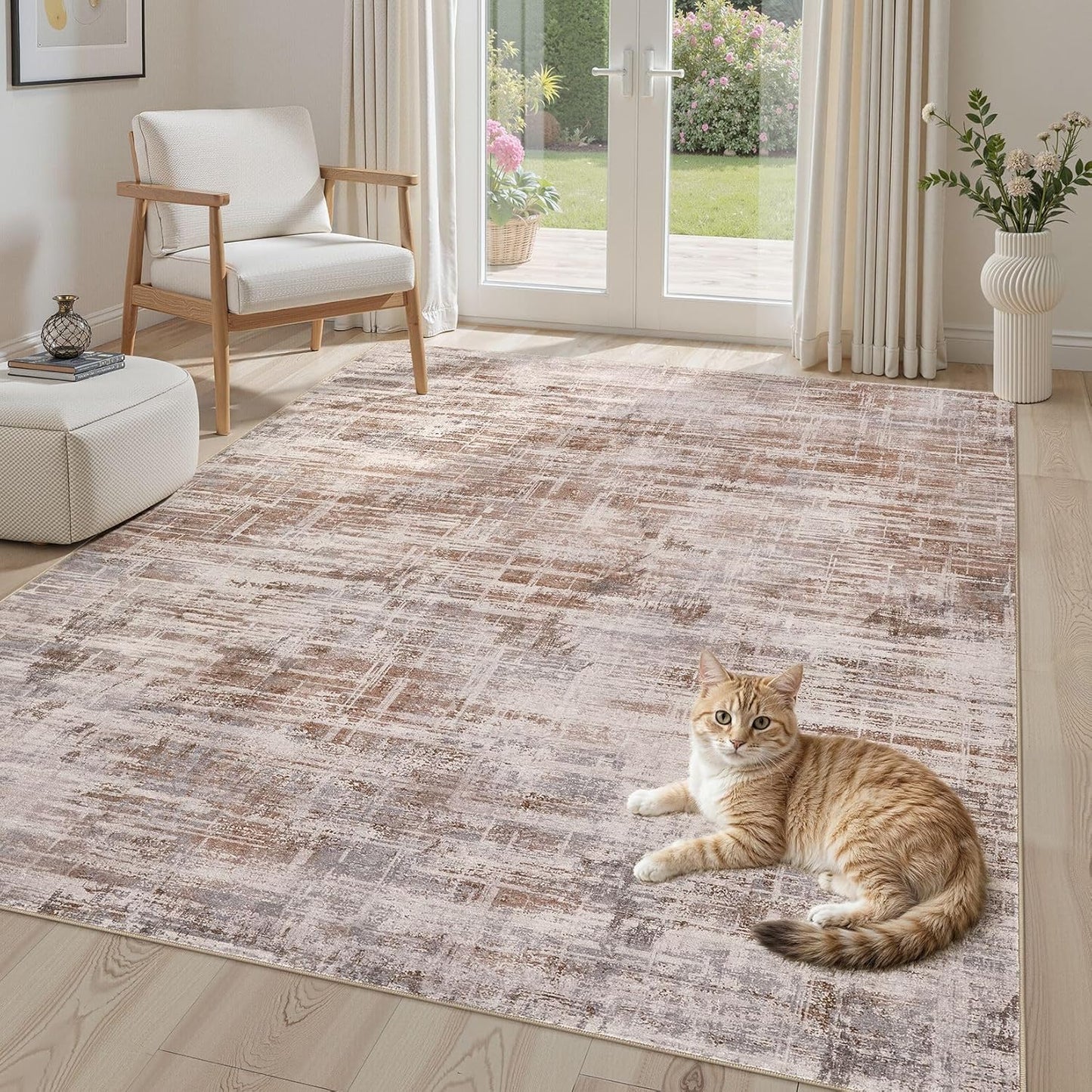 Area Rug for Living Room: 6x9 Washable Neutral Abstract Modern Soft Rugs Non Slip Indoor Floor Stain Resistant Large Carpet for Bedroom Dining Room Office Nursery - Red Brown