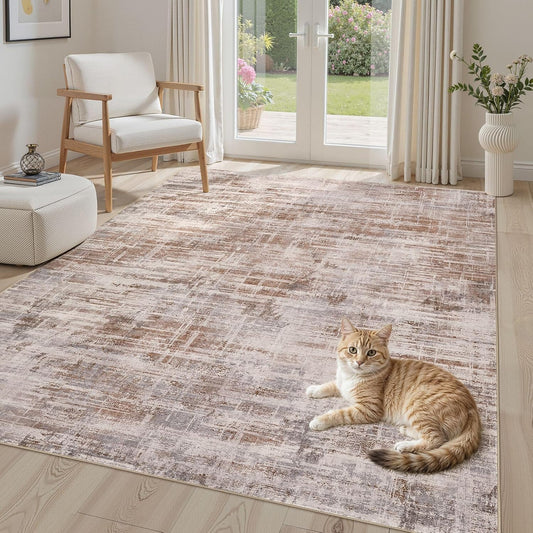 Area Rug for Living Room: 6x9 Washable Neutral Abstract Modern Soft Rugs Non Slip Indoor Floor Stain Resistant Large Carpet for Bedroom Dining Room Office Nursery - Red Brown