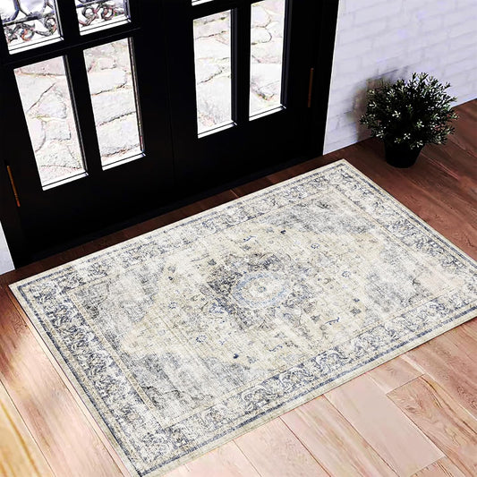 Washable Area Rug 2'x3' Floral Blue Door Mat Vintage Distressed Doormat Indoor Entrance Traditional Thin Rug Floral Print Non Slip Carpet for Kitchen Bathroom Bedroom Living Room