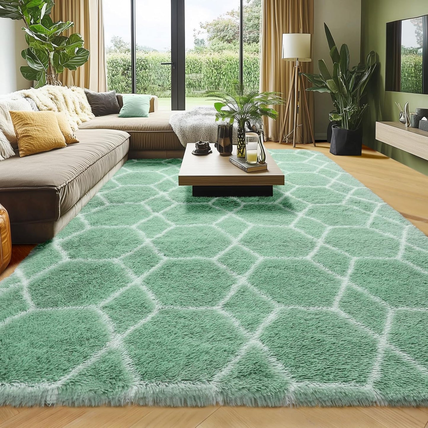 ONASAR Rugs for Living Room Bedroom, 5x8 Washable Fluffy Sage Green and White Area Rug, Geometric Boho Soft Plush Shaggy Floor Carpets for Nursery Kids Girls Boys Teen Dorm Home Decor Aesthetic