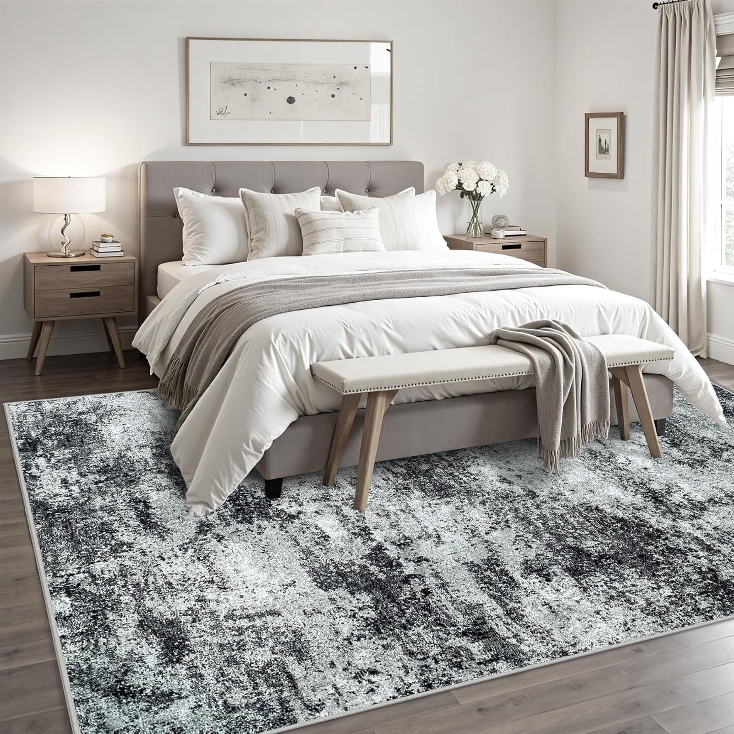 Area Rugs 8x10 Living Room Rugs: Modern Abstract Washable Rug with Non-Slip Backing, Stain Resistant Indoor Floor Large Carpet for Bedroom Dining Room Table Nursery Hallway Home Office Dark Black/Gray