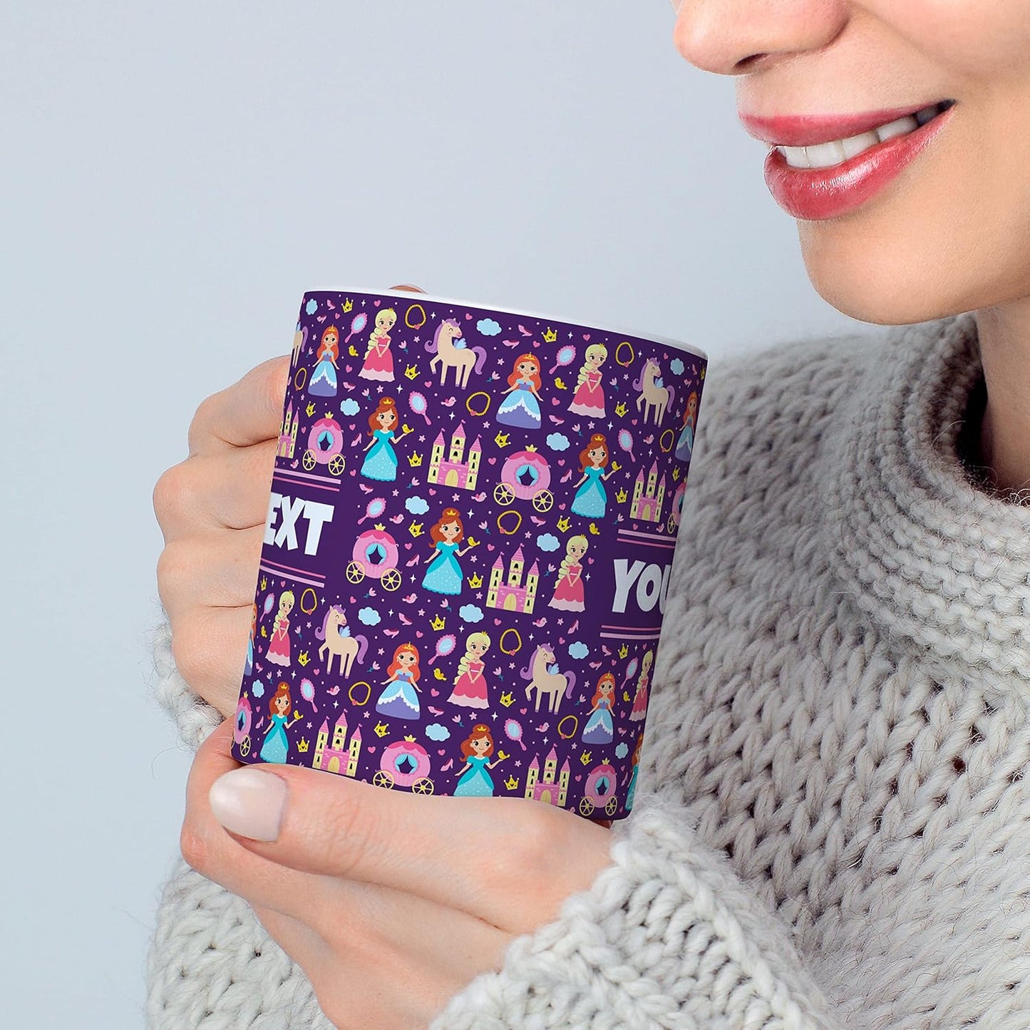 Personalized Mug for Kids - Princesses - Custom Name/Text, Ceramic Hot Chocolate/Cocoa/Coffee Cup for Girls, Birthday/Christmas/Holiday Gift - 11 oz, Navy Blue Handle