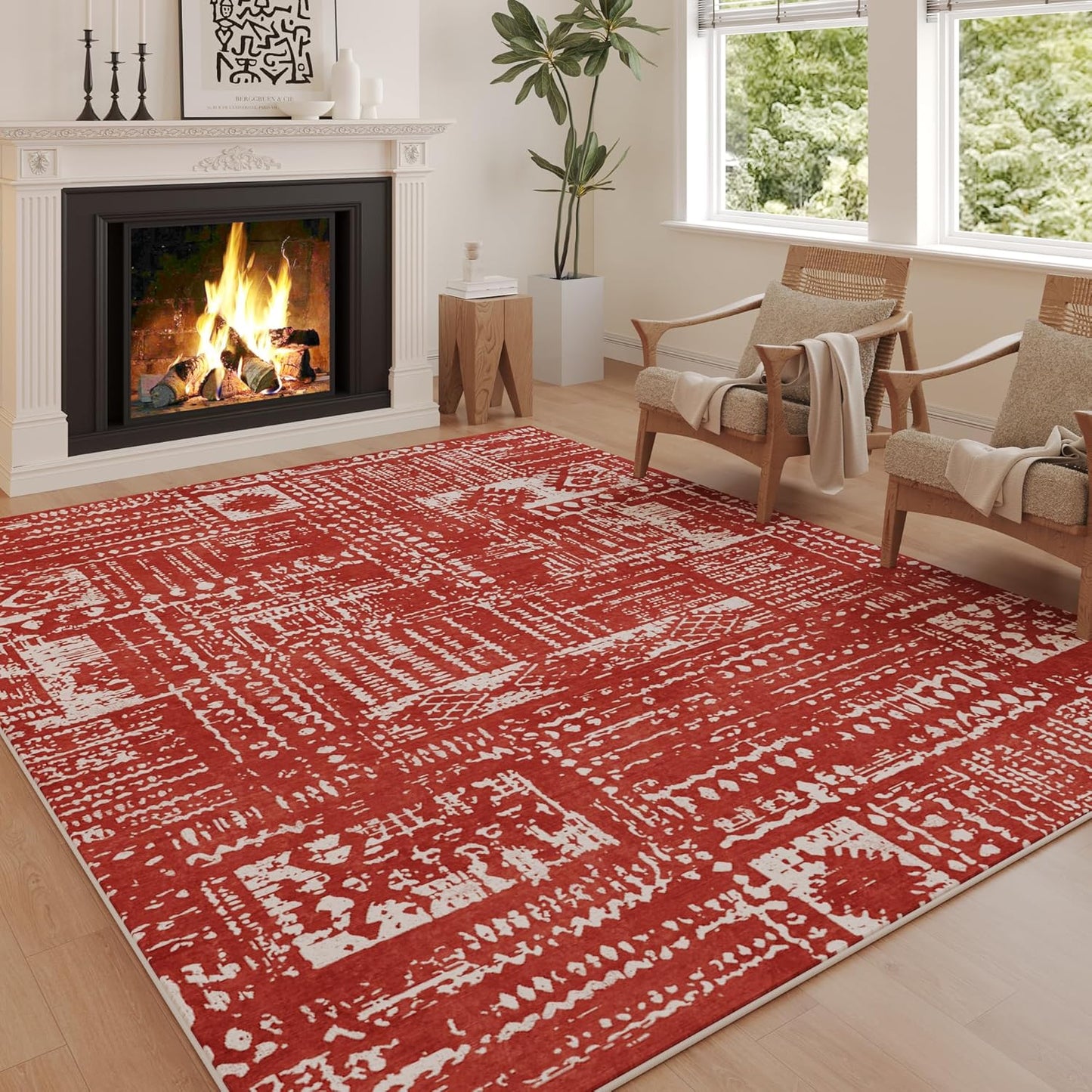 Living Room Rug 6x9 Rug Machine Washable Boho Area Rug Non Slip Moroccan Vintage Low Pile Large Rug for Living Room, Bedroom, Farmhouse, Dining Room, Kids Playroom(Terracotta)