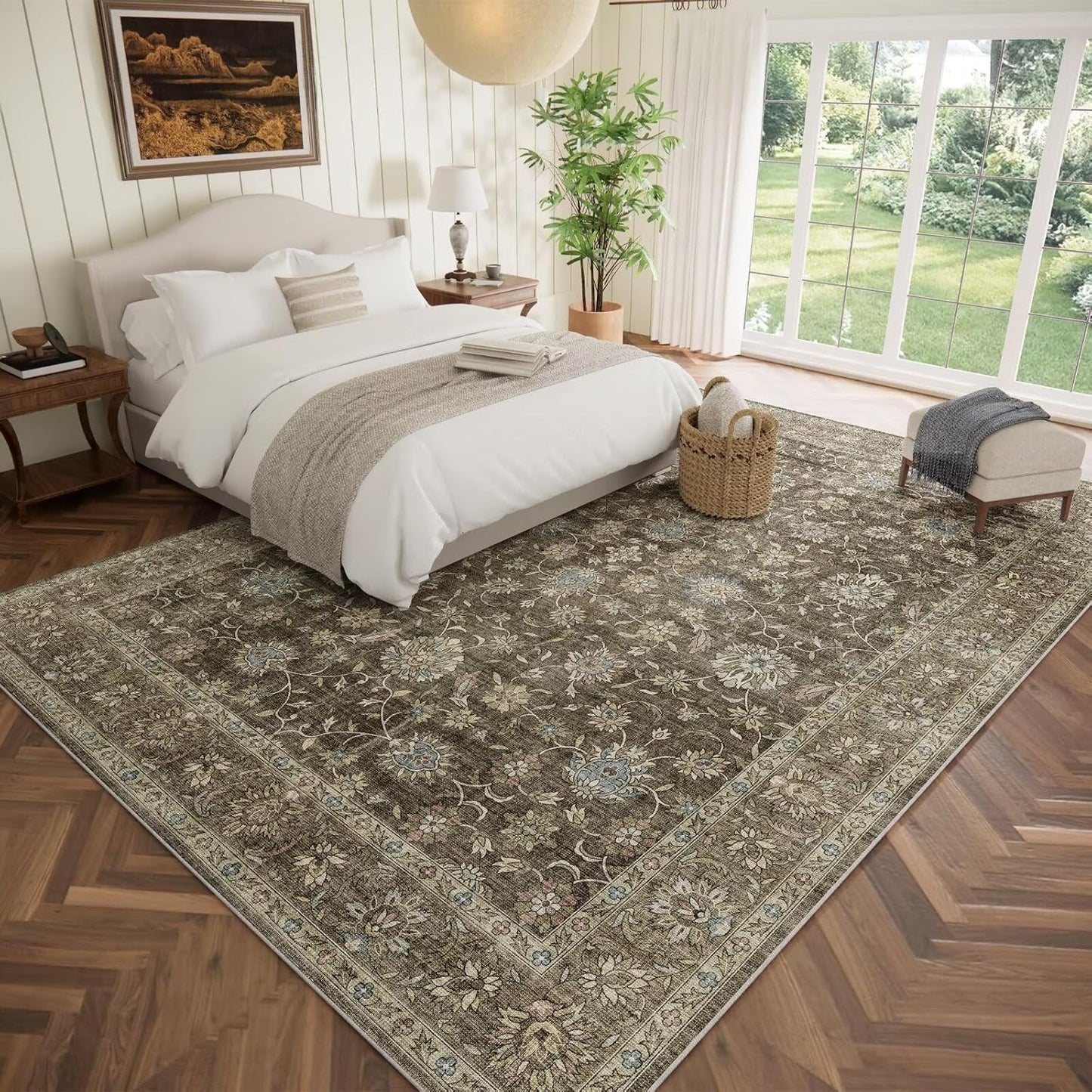 Washable 9x12 Area Rugs for Living Room, Boho Non-Slip Silicone Backing Rugs for Bedroom Dining Room Nursery Office, 0.3" Neutral Oriental Throw Carpet with 0.16" Cushioning Pad, Flaxen/Multi