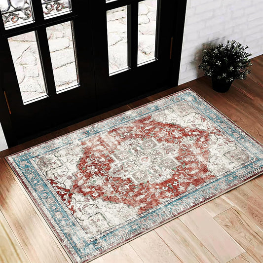 Red Blue 2'x3' Washable Area Rugs Door Mat Vintage Distressed Doormat Indoor Entrance Traditional Floral Print Non Slip Carpet Thin Rug for Kitchen Bathroom Bedroom Living Room