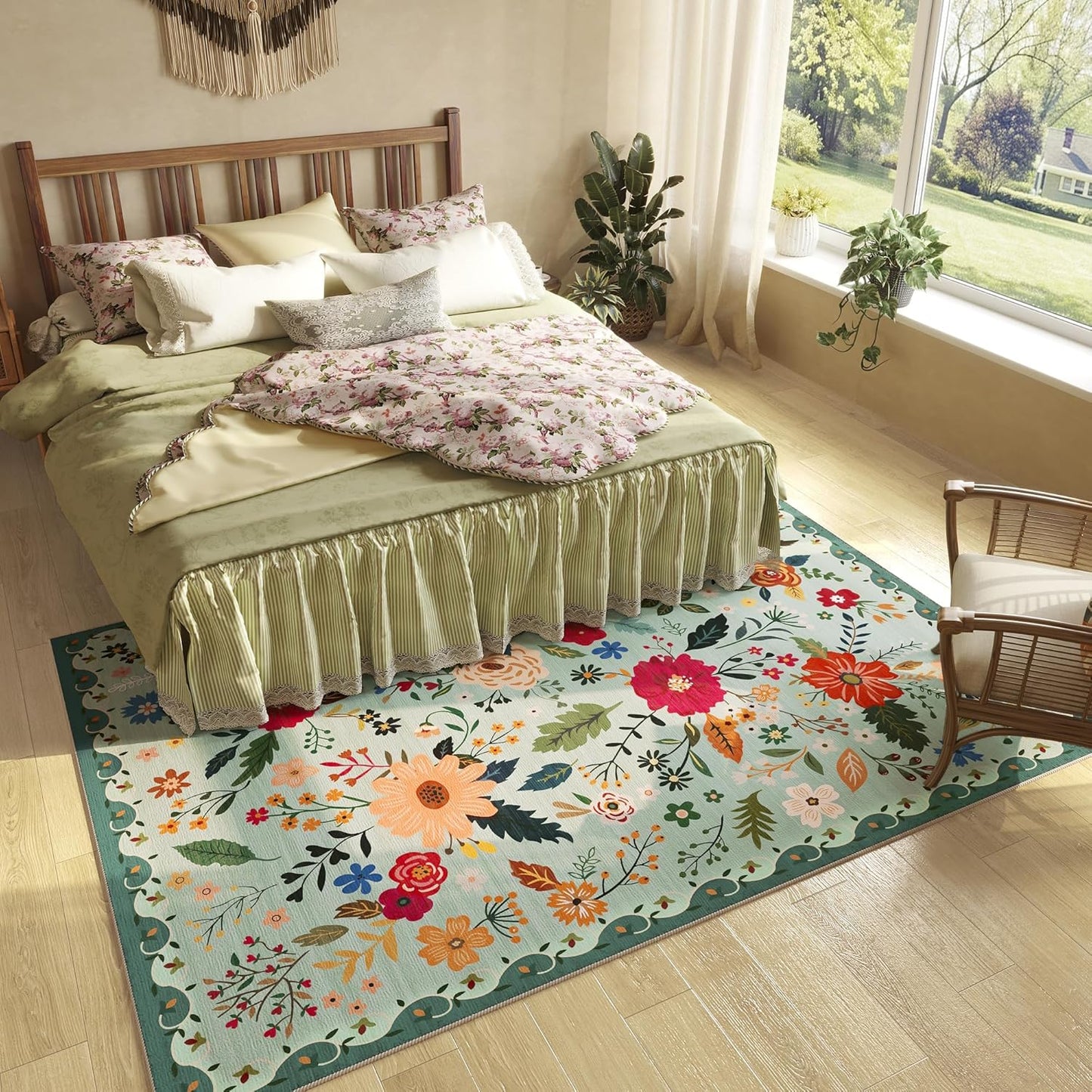 5x7 Washable Rug for Living Room, Green Floral Area Rug, Non Slip Low Pile Soft Flower Carpet, Large Rugs for Bedroom, Dining Room, Office, Kids Playroom, Nursery, Sage Green