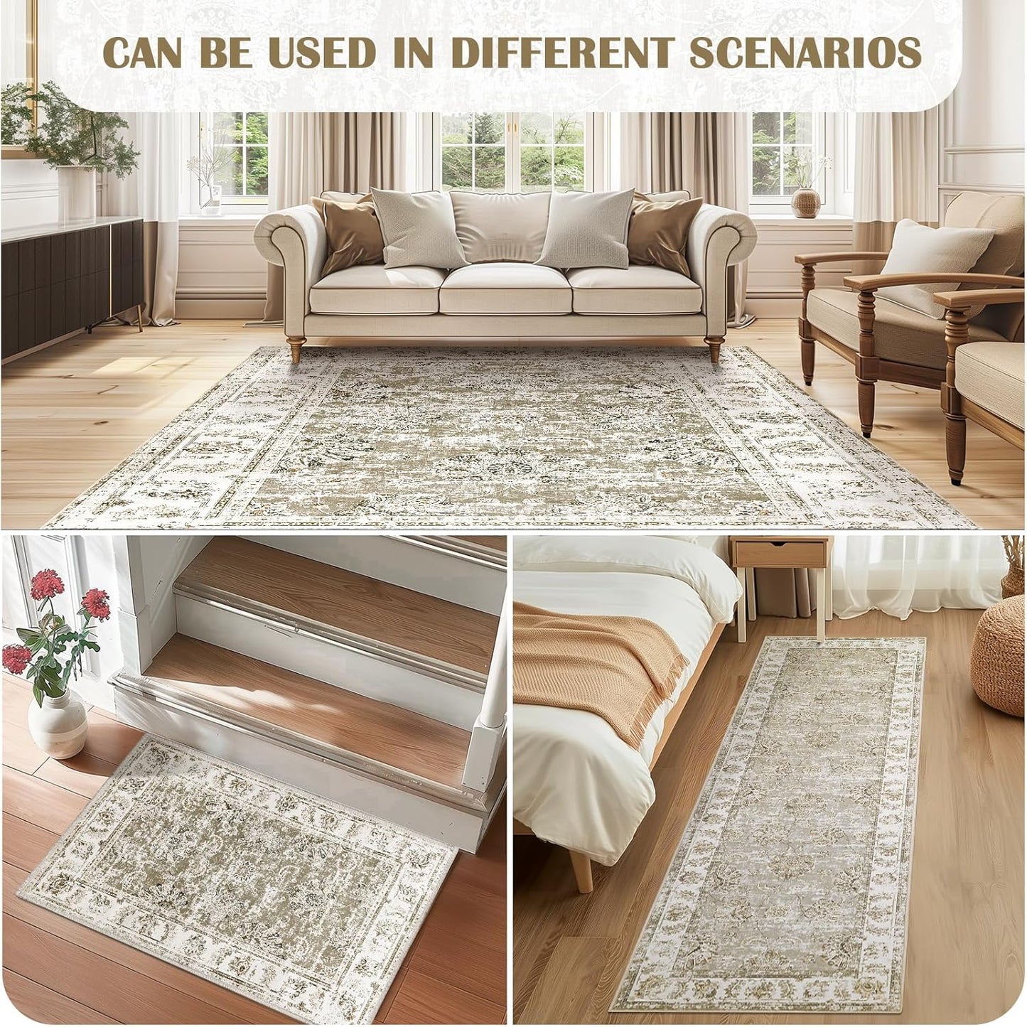 jinchan 4x6 Area Rugs for Bedroom - Machine Washable Distressed Vintage Floral Design Stain Resistant Boho Carpet Ultra-Thin Low Pile Non-Slip Rug for Living Room Dining Room Kitchen (4‘x6',Taupe)