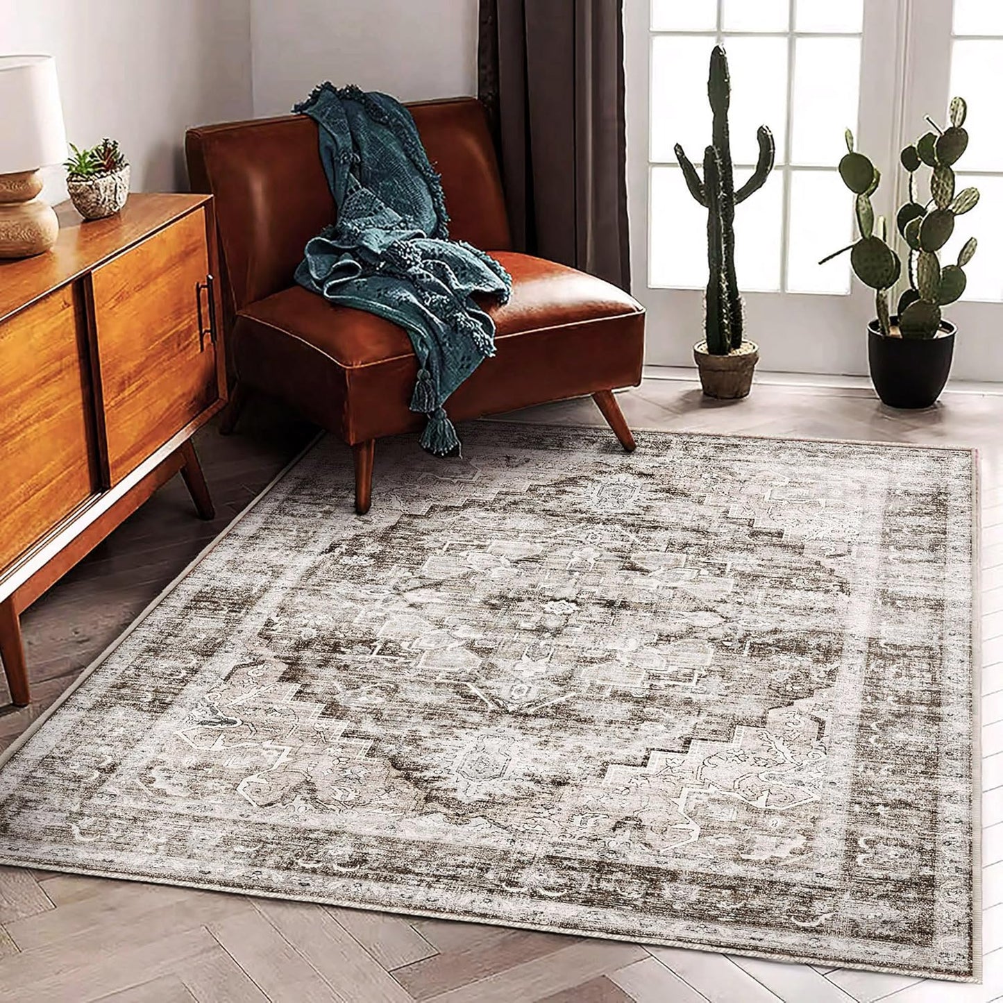 Area Rug 5'x7' Deep Khaki Washable Vintage Traditional Floor Cover Thin Retro Kitchen Indoor Distressed Non Slip Carpet for Living Room Bedroom Dining Room