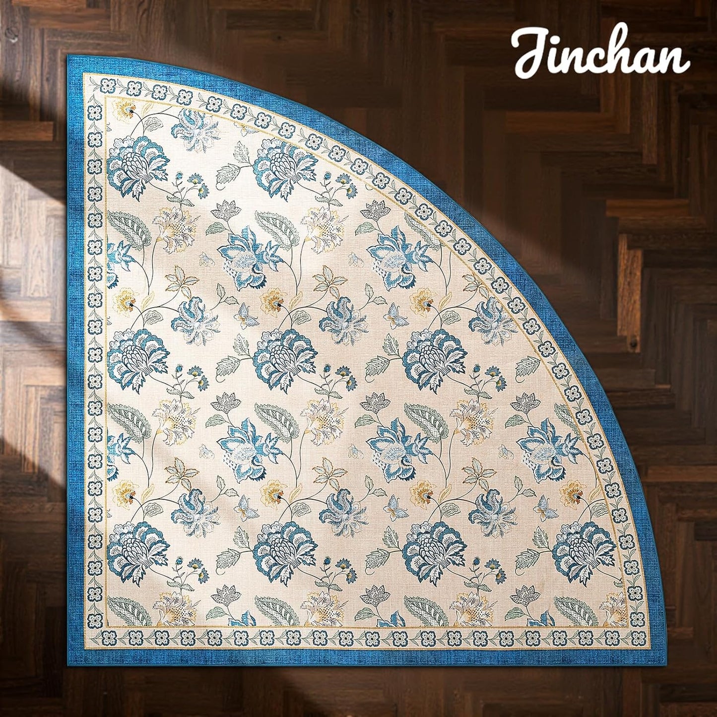 jinchan Floral Corner Rug for Living Room Washable Bedroom Rug Vintage Romance Design Non Slip Quarter Circle Lightweight Low-Pile Throw Carpet for Reading Nook Playroom,8ft Radius, Blue/Beige
