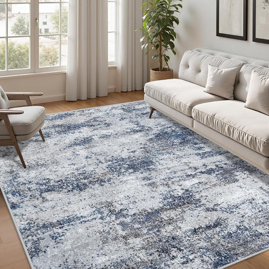 Washable Rug 6x9 Area Rugs: Abstract Washable Rugs with Non-Slip Backing, Stain Resistant Indoor Floor Carpet for Bedroom Dining Room Table Nursery Hallway Home Office Blue/Gray/Black