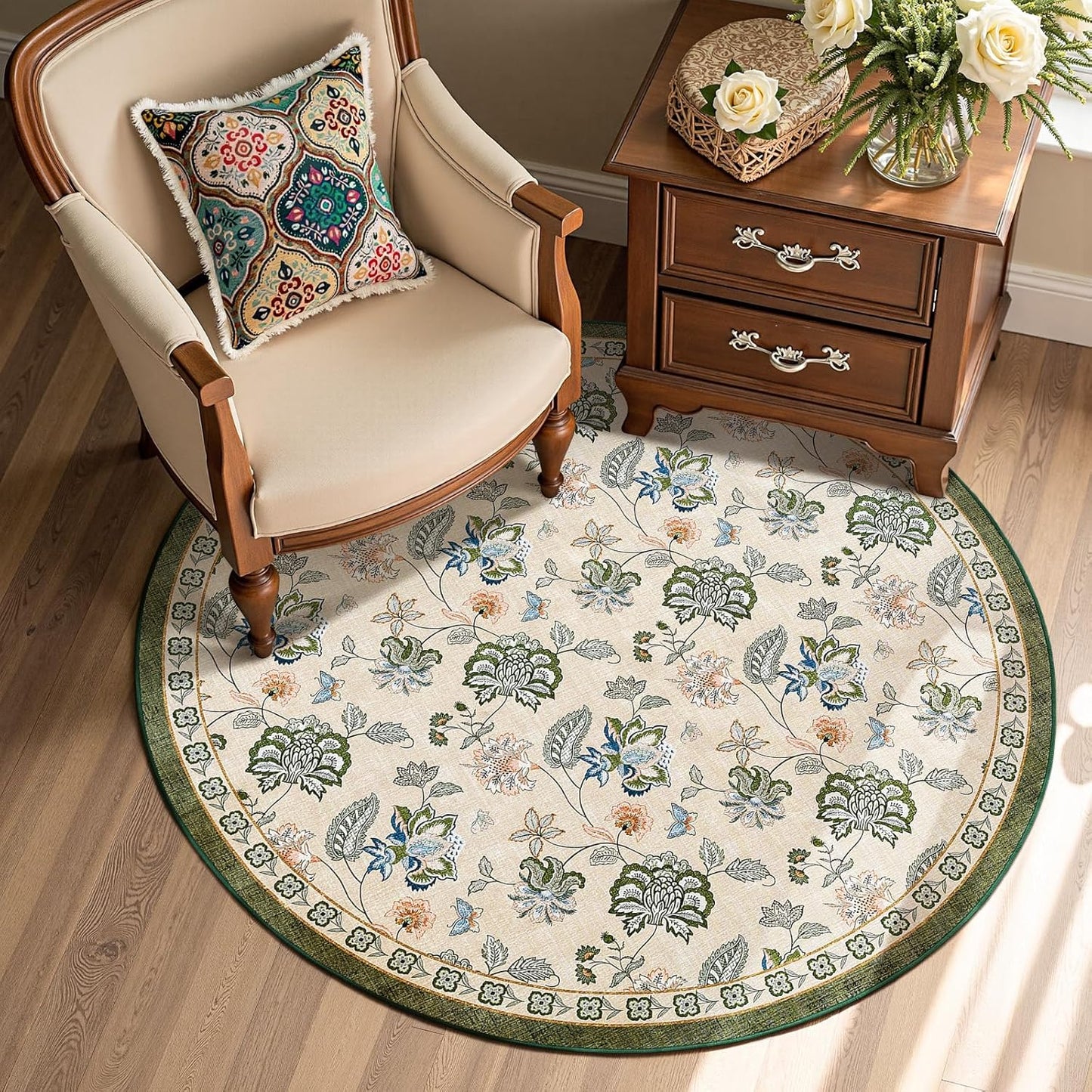 jinchan 4ft Floral Round Rug for Entryway Washable Kitchen Rug Vintage Romance Design Non Slip Indoor Doormat Lightweight Low-Profile Throw Carpet for Living Room Dining Room Bedroom, Green/Beige
