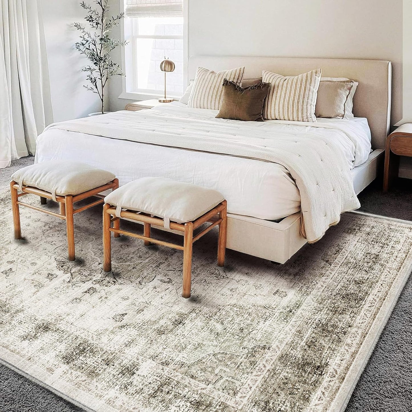 Washable Area Rug 9'x12' Retro Floral Khaki Boho Design Non-Shedding Easy Care Ideal for High Traffic Areas in Living Room Bedroom Office Coffee Table Kitchen Large Carpet