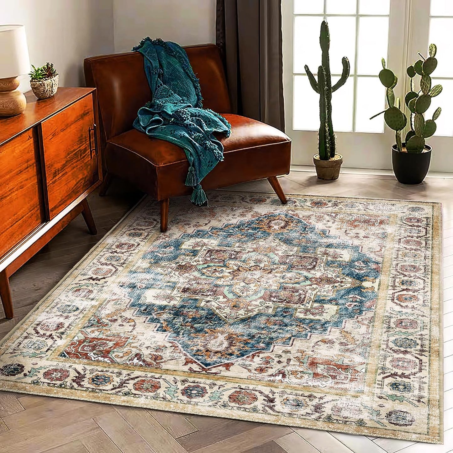 Washable Vintage Area Rug 6'x9' Boho Beige Blue Chic Medallion Distressed Design Non-Shedding Easy Care Ideal for High Traffic Areas in Living Room Bedroom Kitchen Office Large Carpet