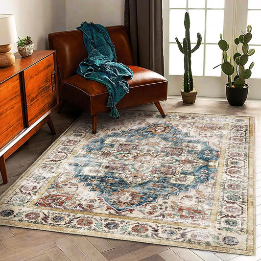 Retro Washable Area Rug 3'x5' Washable Living Room Boho Chic Medallion Distressed DesignIndoor Non-Slip Large Oriental Accent Throw Rug for Kitchen Bedroom Office Carpet