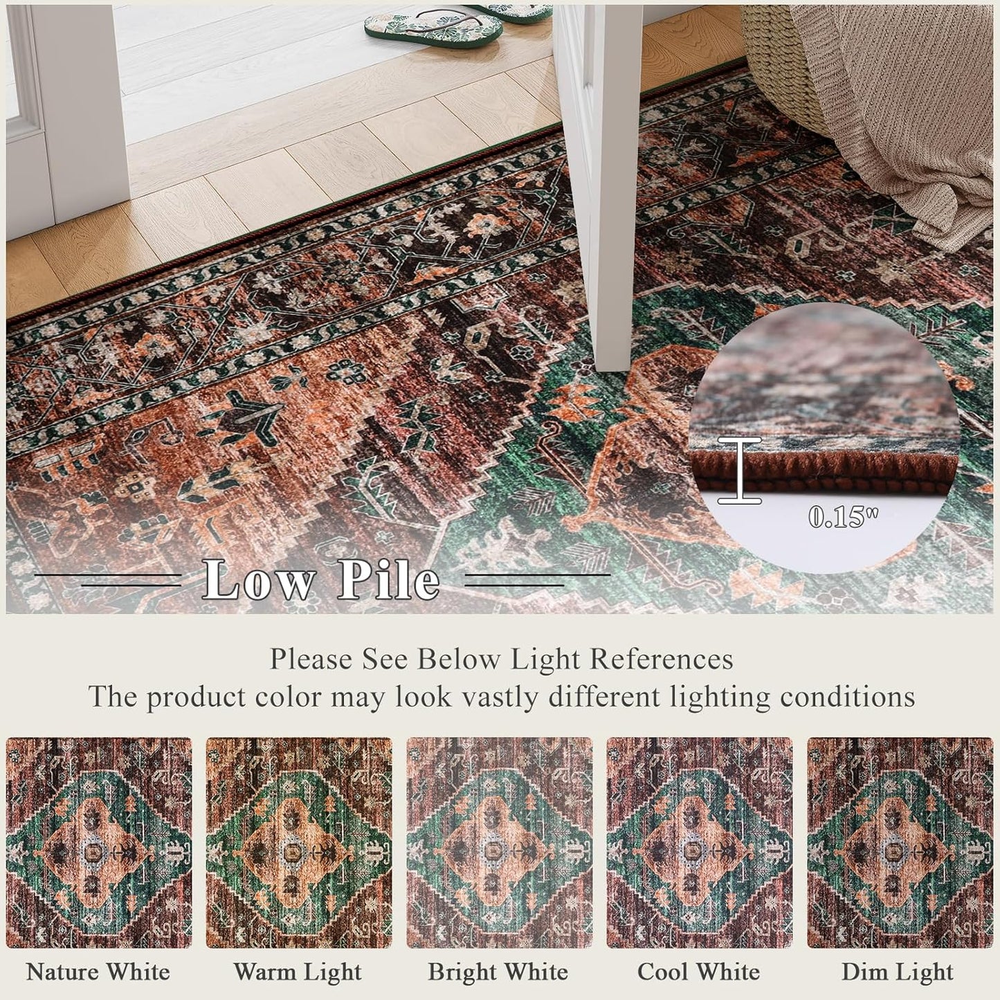 Lahome 8x10 Ultra-Thin Living Room Rug （Non-Slip Washable Non-Shedding）（Oriental Vintage Distressed Carpet for Dining，Bedroom，Office）