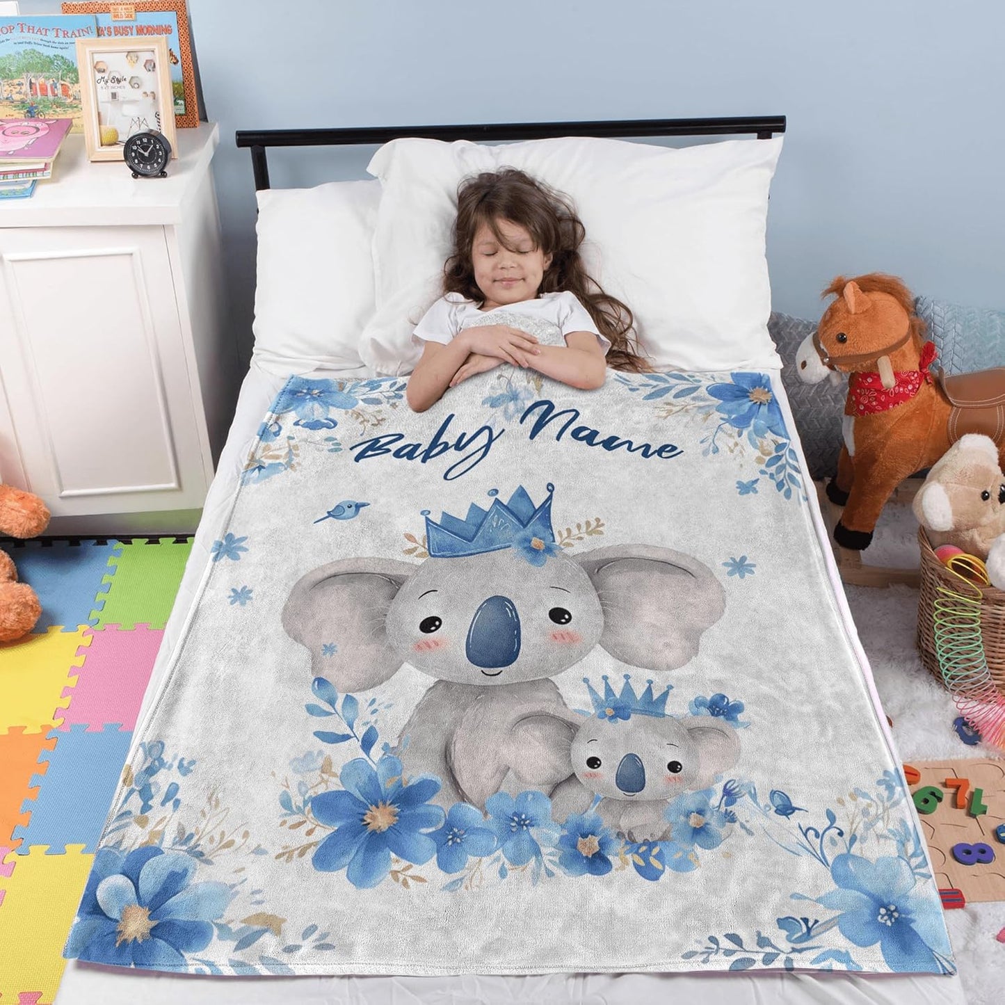 Watercolor Koala Personalized Boy Baby Blanket, Custom Baby Throw Blanket with Name for Newborn Son Daughter Grandson Granddaughter Toddler Birthday Bed Blanket
