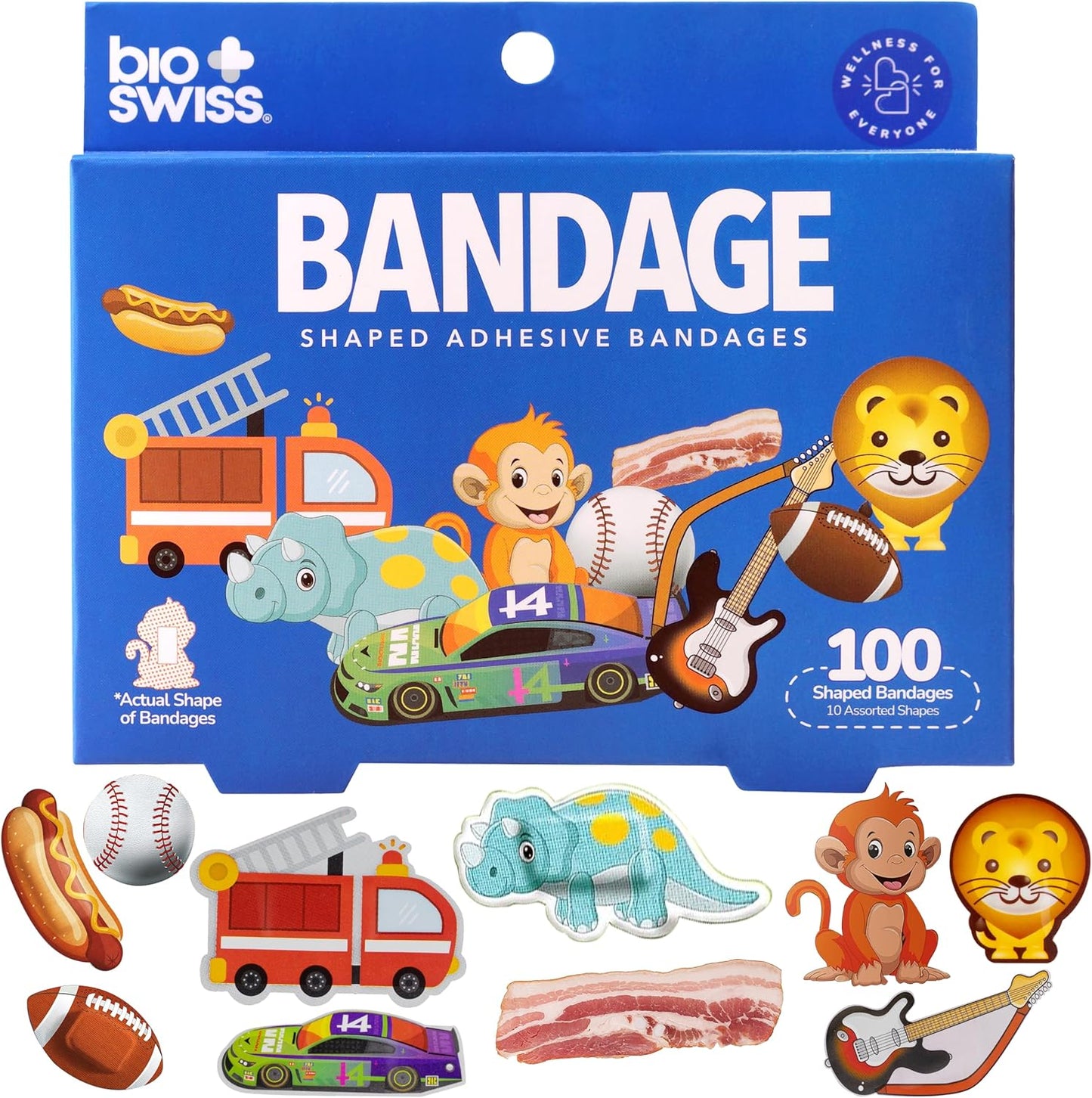 BioSwiss Bandages, Assorted Animal, Fun and Food Shaped Self Adhesive Bandage for Boys, Latex Free Sterile Wound Care, 100 Count