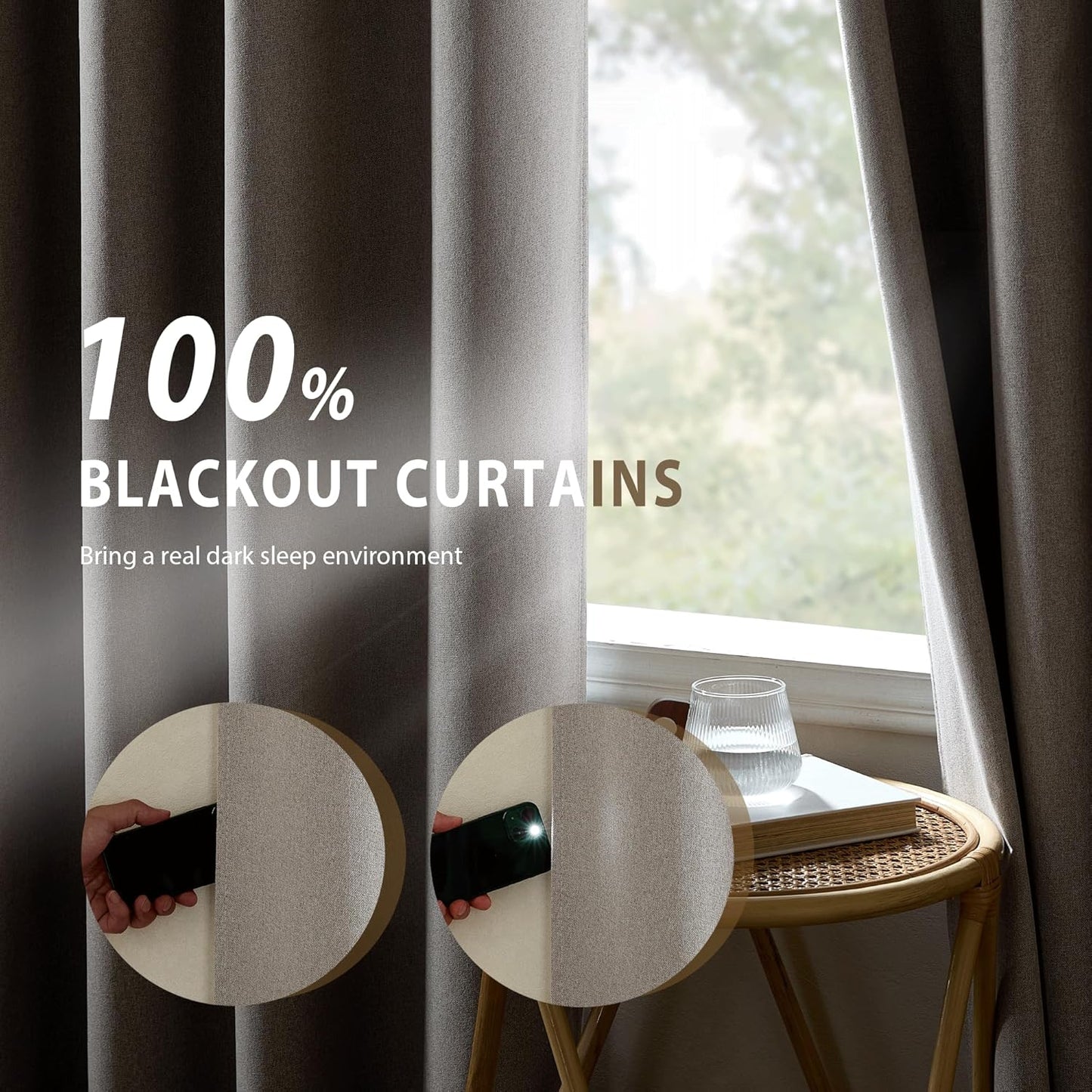 NICETOWN Natural Bedroom Full Blackout Faux Linen Curtain Panels Set of 2, 52" by 72", Thick Insulated Classic Grommet Blackout Draperies with White Thermal Insulated Liner for Windows