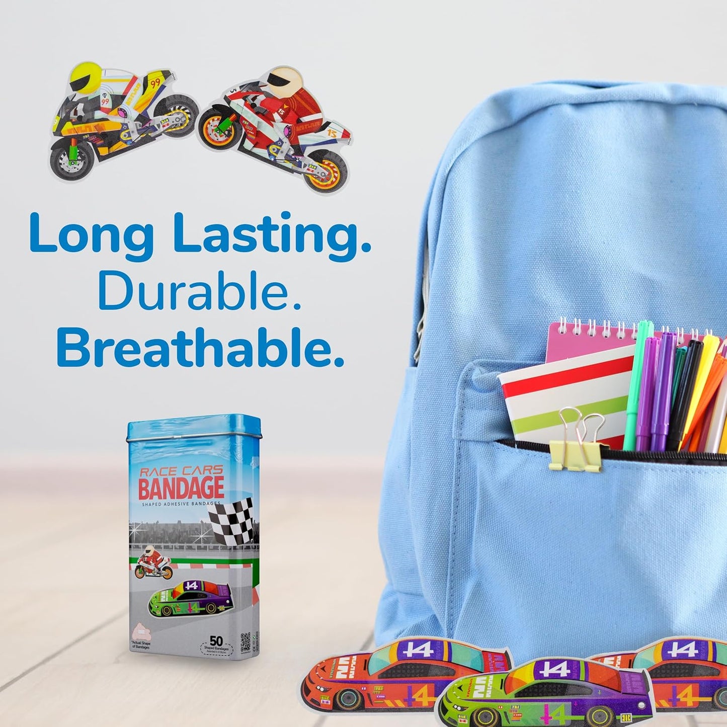 BioSwiss Bandages, Race Cars Shaped Self Adhesive Bandage, Latex Free Sterile Wound Care, Fun First Aid Kit Supplies for Kids and Adults, 50 Count