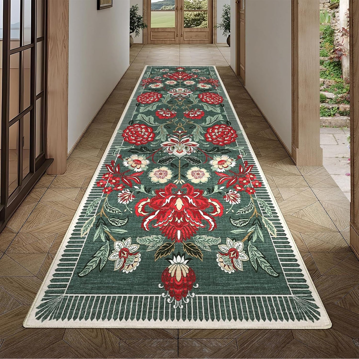 GarveeHome Floral Botanical 2x6 Washable Kitchen Runner Rugs Non Slip Grey Green Vintage Boho Cottage Long Rug for Hallways Bedroom Entryway Bathroom Mat with Rubber Back