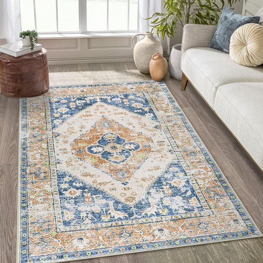 Lahome Boho Washable Living Room Rug 3x5 Throw Non-Slip Area Rug for Bedroom Lightweight Thin Rugs for Entryway Kitchen Vintage Distressed Print Aesthetic Capet for Office Bathroom Laundry Room