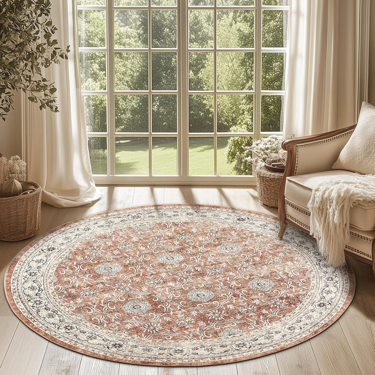 jinchan Round Rug 6ft Washable Circle Soft Rug - Low Pile Vintage 6'Round Indoor Orange Floral Print Stain Resistant Boho Carpet Ultra-Thin Non-Slip for Living Room Nursery Bedroom Dining Room Kitchen