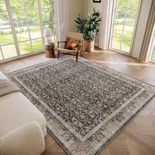 Washable 6x9 Area Rugs for Living Room, Boho Non-Slip Silicone Backing Large Rugs for Bedroom Dining Room Nursery Office, 0.3" Neutral Oriental Throw Carpet with 0.16" Cushioning Pad, Black/Multi