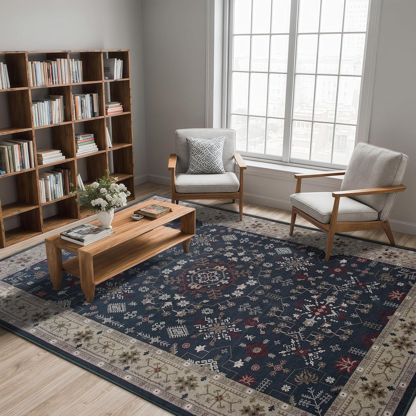 6x9 Washable Blue Area Rug for Living Room Bedroom, Boho Dining Room Rugs for Under Table, Large Low Pile Non-Slip Vintage Print Carpets for Farmhouse, Office, Dorm