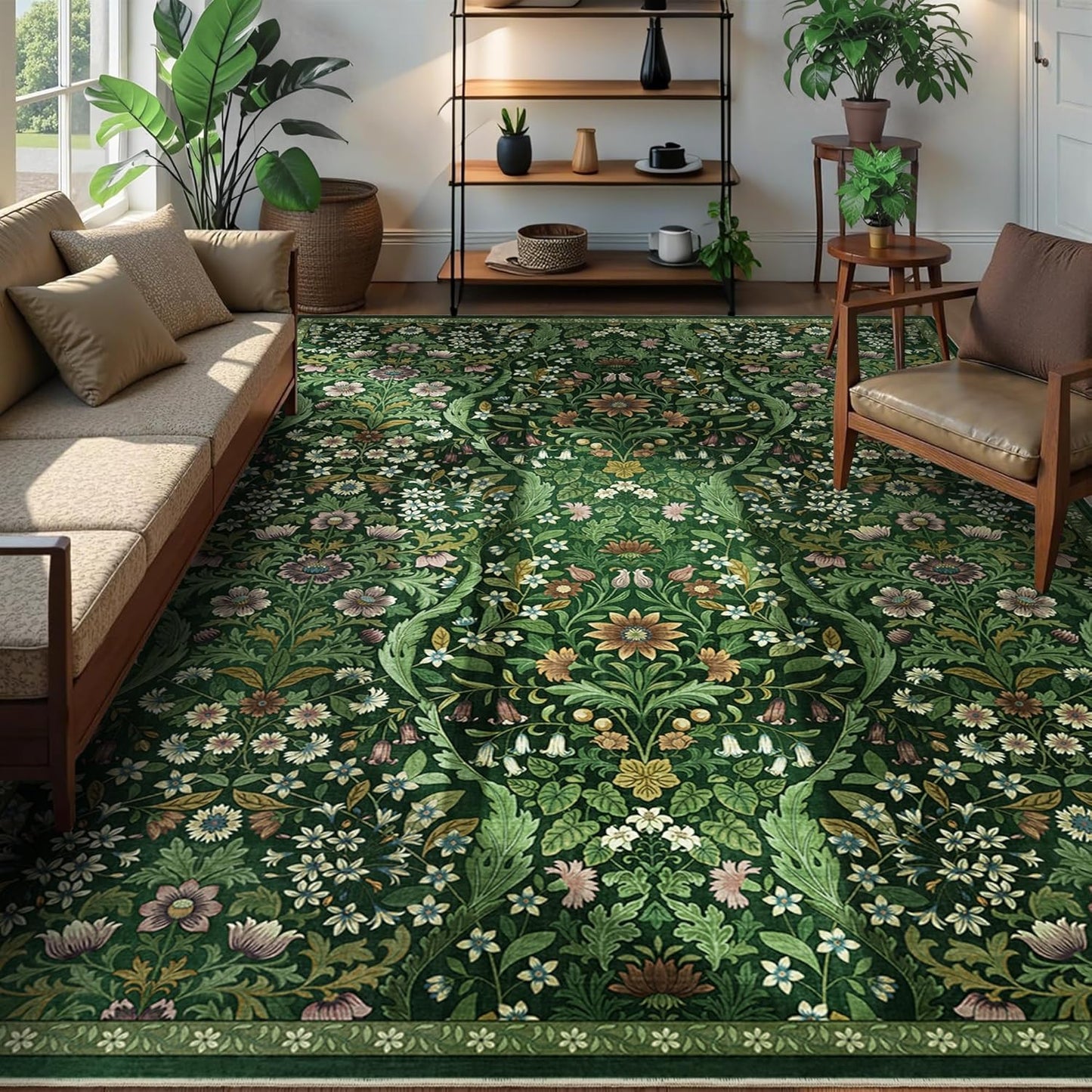8x10 Washable Area Rug for Living Room, Large Vintage Dark Green Floral Rugs, Soft Non-Slip Stain Resistant Boho Lightweight Carpet for Bedroom Dining Room Nursery Home Office