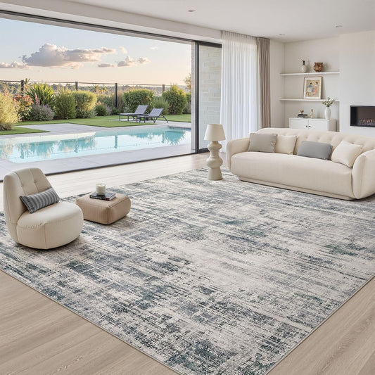 Area Rug for Living Room: 12x15 Washable Neutral Abstract Modern Soft Rugs Non Slip Indoor Floor Stain Resistant Large Carpet for Bedroom Dining Room Office Nursery - Gray