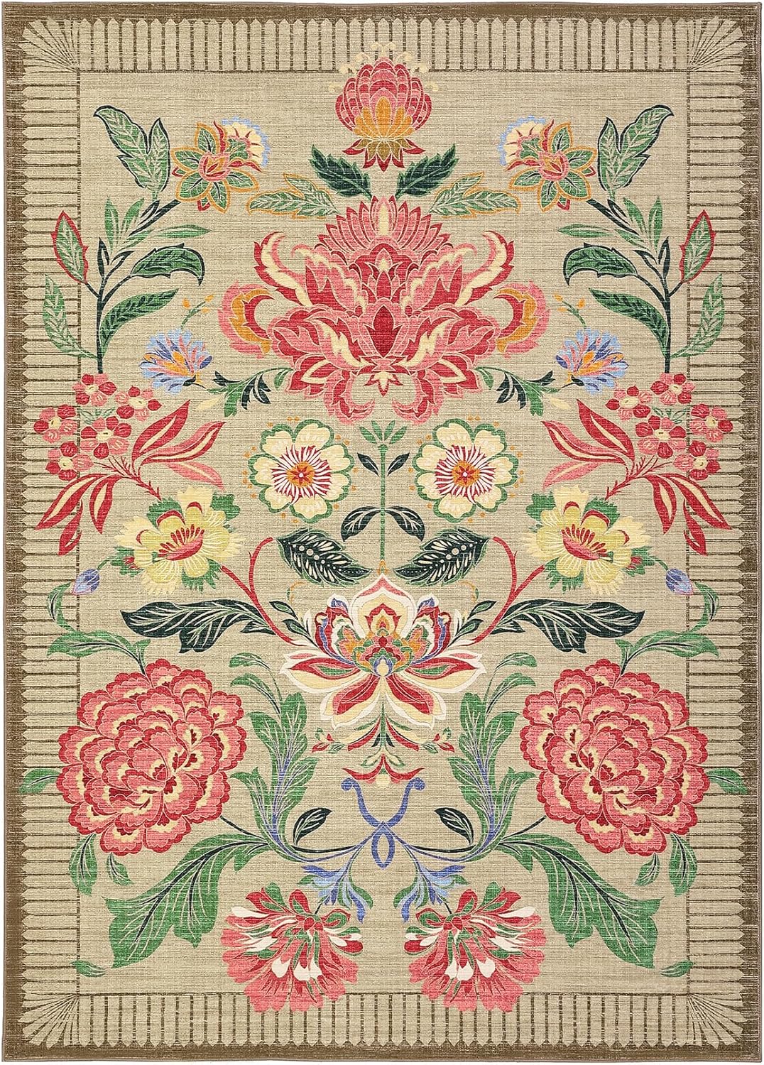 GarveeHome Floral Botanical Washable Rugs 5x7 Area Rug for Living Room, Camel Taupe Brown Vintage Boho Cottage Throw Rugs Low Pile Carpet for Bedroom Dining Nursery Rug