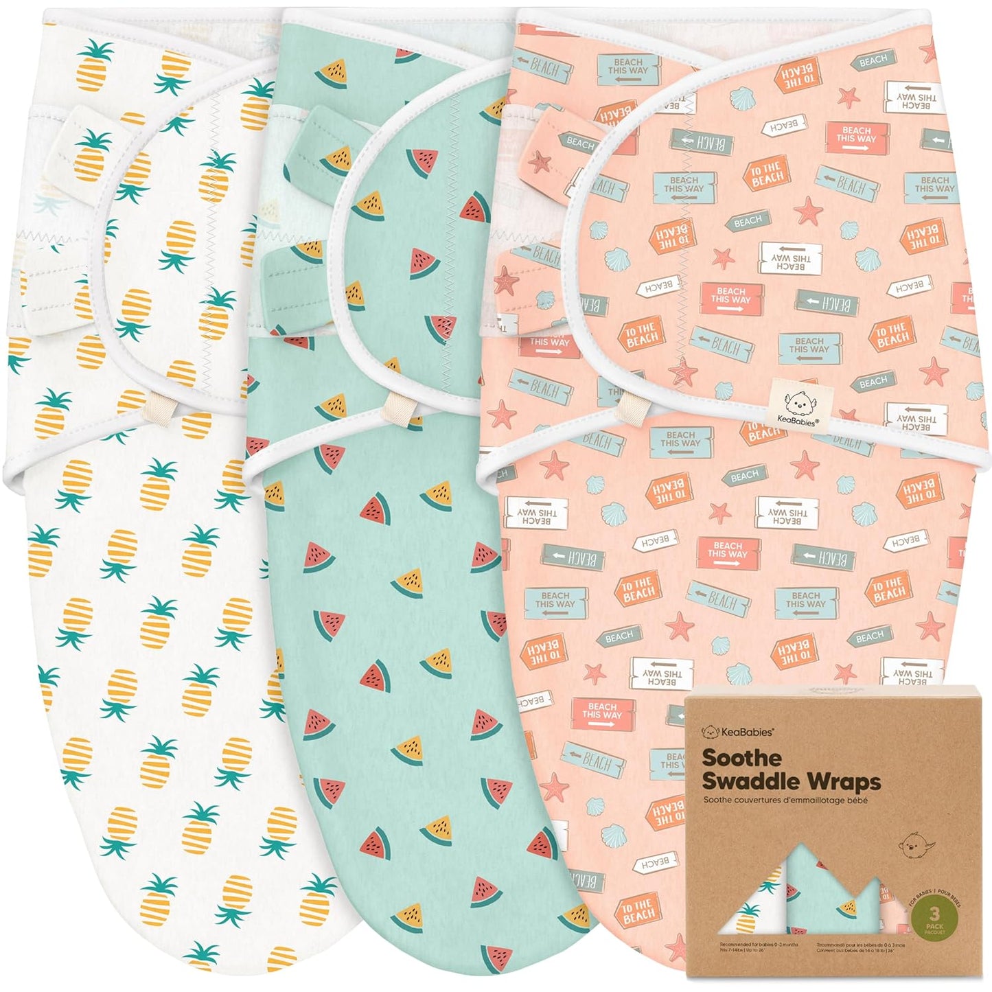 KeaBabies 3-Pack Organic Baby Swaddle Sleep Sacks - Swaddles for Newborns, Infant 0-3 Months, Baby Girls, Boys, Soft & Snug Newborn Sleep Sack, Nursery Swaddling Blankets (Beach Day)