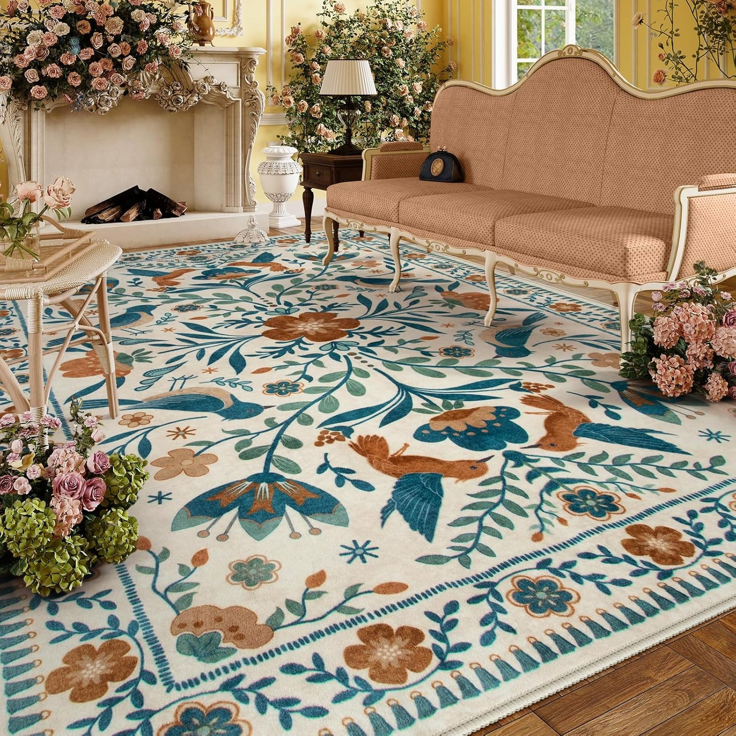 Moynesa Boho Bird 9x12 Area Rug Washable 9x12 Rugs for Living Room, Large Floral Bedroom Carpet Low-Pile Soft Animal Playroom Rug, Jungle Pattern Indoor Carpet for Dining Room Nursery