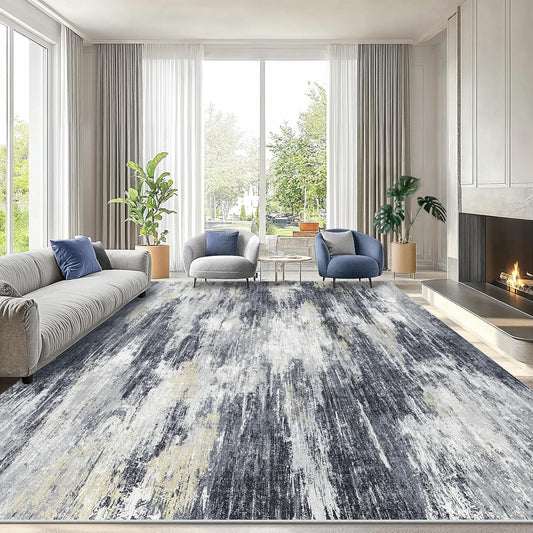 Amada 9x12 Large Area Rug, Modern Abstract Living Room Rug with Non-Slip Backing & Short Pile, Washable Rug with Abstract Pattern for Living Room, Bedroom and Dinning Room, Light Grey
