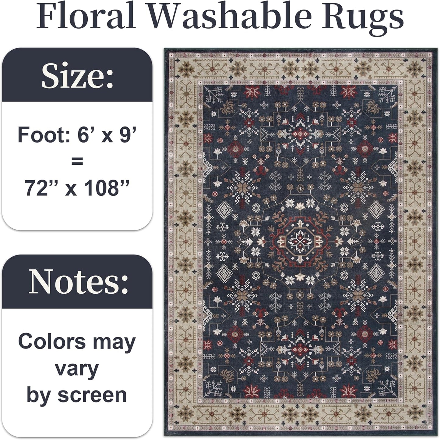 6x9 Washable Blue Area Rug for Living Room Bedroom, Boho Dining Room Rugs for Under Table, Large Low Pile Non-Slip Vintage Print Carpets for Farmhouse, Office, Dorm