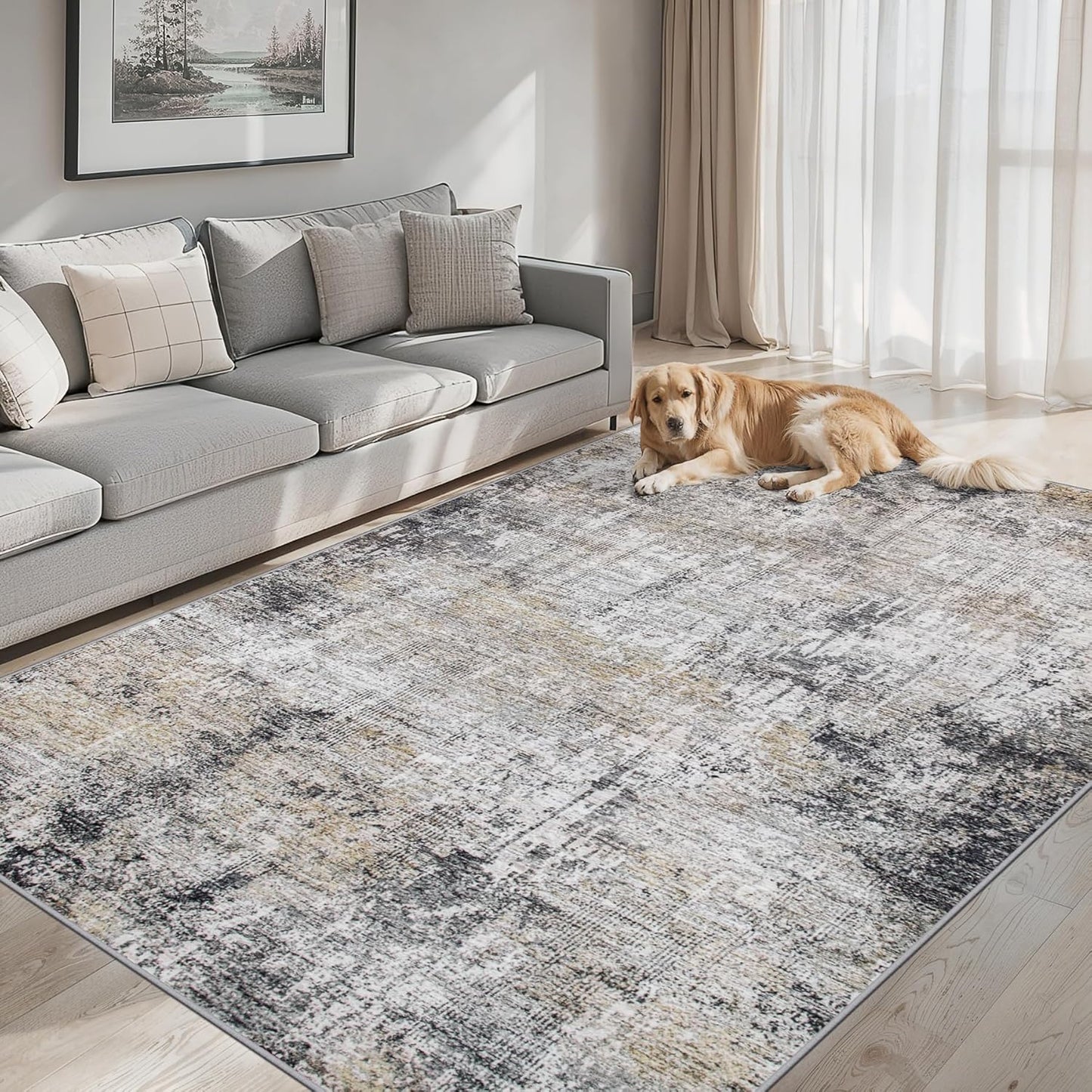 6x9 Area Rugs for Living Room - Washable Rug Modern Abstract Soft Large Neutral Non-Slip Carpet Indoor Floor Thin Carpets for Bedroom Dining Room Farmhouse Nursery Home Office Brown Black Grey