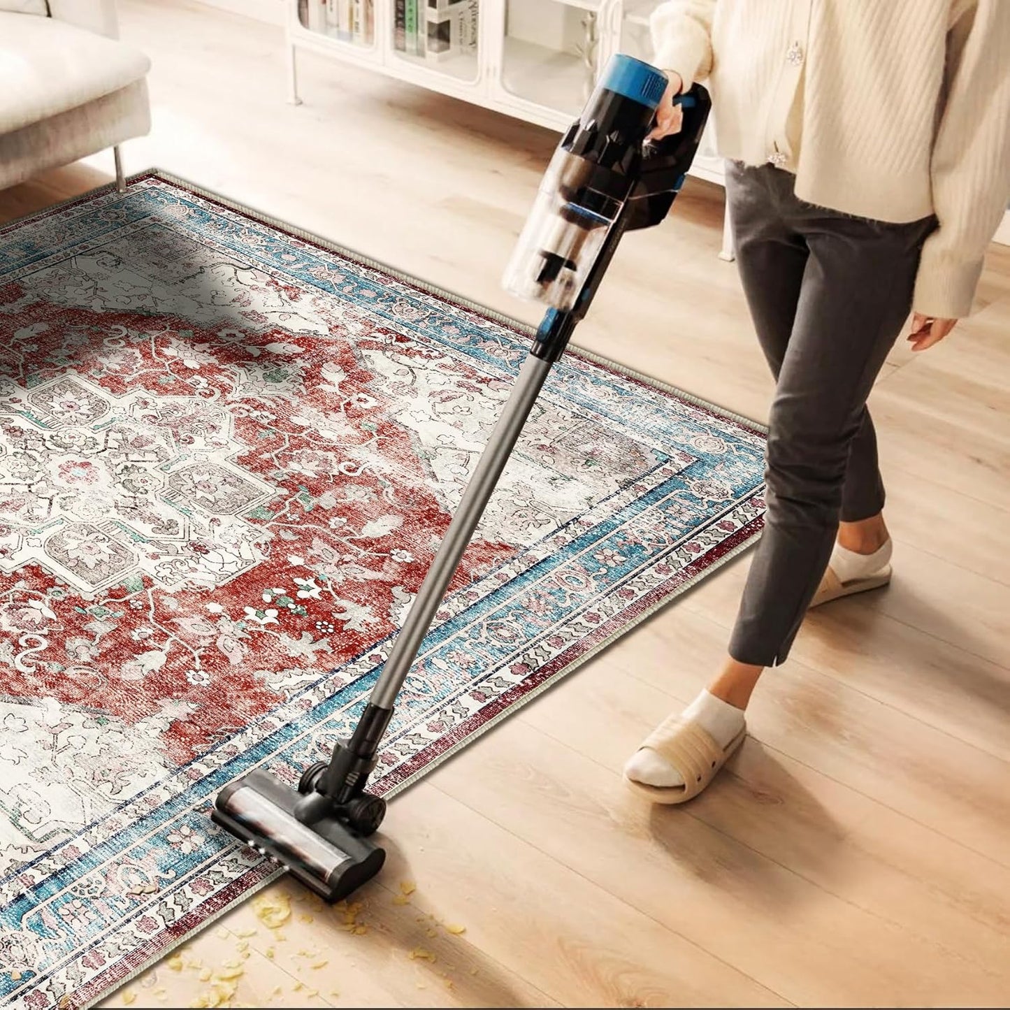 Washable Area Rug 10'x14' Red Blue Retro Flowers Boho Design Non-Shedding Easy Care Ideal for High Traffic Areas in Living Room Bedroom Office Coffee Table Kitchen Large Carpet