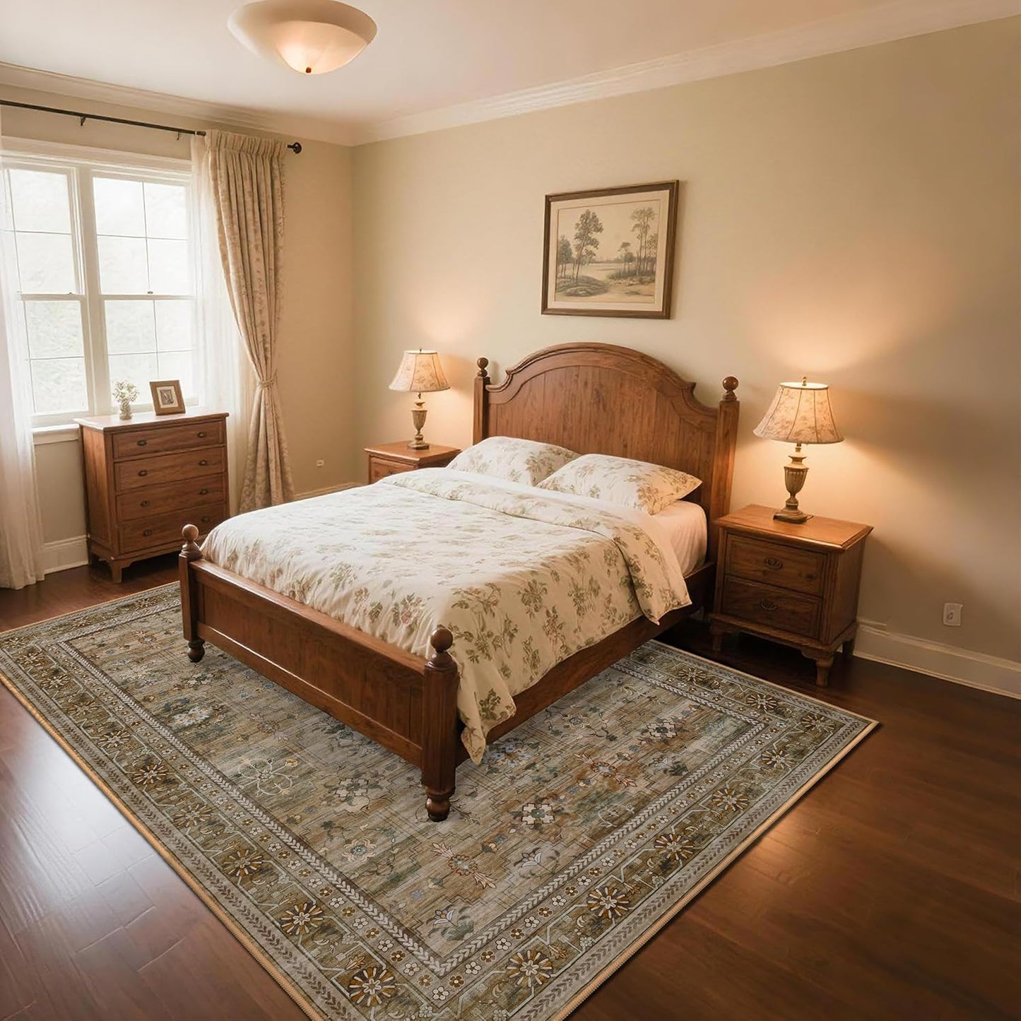 8x10 Washable Area Rug for Living Room, Non Slip Vintage Floral Print Rugs No Shedding, Distressed Thin Retro Accent Carpet for Bedroom Nursery Farmhouse Dining Room Olive/Charcoal