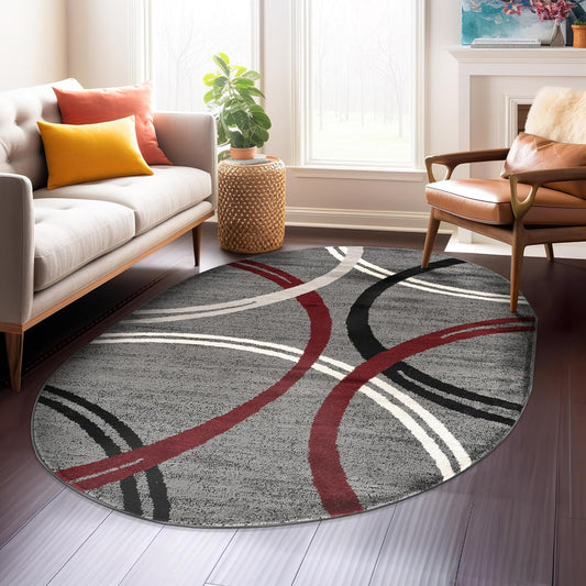 Rugshop Modern Wavy Circles Design Oval Area Rug 5' x 7' Red